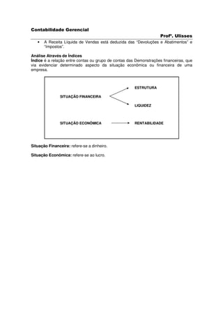 Contabilidade Gerencial
                                                                    Profº. Ulisses
   •   A Receita Líquida de Vendas está deduzida das “Devoluções e Abatimentos” e
       “Impostos”.

Análise Através de Índices
Índice é a relação entre contas ou grupo de contas das Demonstrações financeiras, que
via evidenciar determinado aspecto da situação econômica ou financeira de uma
empresa.



                                                      ESTRUTURA

               SITUAÇÃO FINANCEIRA

                                                      LIQUIDEZ



               SITUAÇÃO ECONÔMICA                     RENTABILIDADE




Situação Financeira: refere-se a dinheiro.

Situação Econômica: refere-se ao lucro.
 