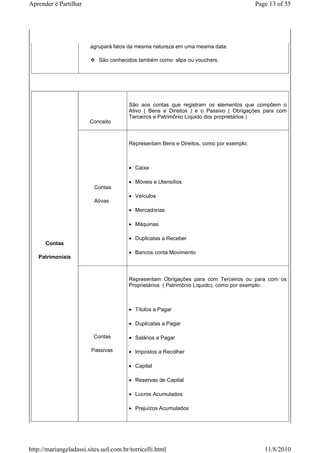 Aprender é Partilhar                                                                     Page 13 of 55




                        agrupará fatos da mesma natureza em uma mesma data.

                            São conhecidos também como: slips ou vouchers.




                                        São aos contas que registram os elementos que compõem o
                                        Ativo ( Bens e Direitos ) e o Passivo ( Obrigações para com
                                        Terceiros e Patrimônio Líquido dos proprietários )
                        Conceito



                                        Representam Bens e Direitos, como por exemplo:



                                        • Caixa

                                        • Móveis e Utensílios
                          Contas
                                        • Veículos
                          Ativas
                                        • Mercadorias

                                        • Máquinas

                                        • Duplicatas a Receber
      Contas
                                        • Bancos conta Movimento
   Patrimoniais



                                        Representam Obrigações para com Terceiros ou para com os
                                        Proprietários ( Patrimônio Líquido), como por exemplo:



                                        • Títulos a Pagar

                                        • Duplicatas a Pagar

                         Contas         • Salários a Pagar

                        Passivas        • Impostos a Recolher

                                        • Capital

                                        • Reservas de Capital

                                        • Lucros Acumulados

                                        • Prejuízos Acumulados




http://mariangeladassi.sites.uol.com.br/torricelli.html                                     11/8/2010
 