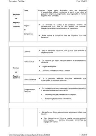 Aprender é Partilhar                                                                          Page 15 of 55



                    Caixa              Pessoas Físicas, pelas Entidades sem fins lucrativos
                                          ( associações, clubes recreativos e etc..) e por micro e
     Regimes                              pequenas empresas, dispensadas pela legislação de manter
                                          registros mais apurados.
        de

     Registro
                                             As Receitas, os Custos e as Despesas deverão ser
                    Regime
     Contábil                              reconhecidas com base no fato gerador das mesmas,
                                           independentemente de recebimento ou pagamento.
                    de

                    Competência
                                             Esse regime é obrigatório para as Empresas com fins
                                           lucrativos.




                                            São os diferentes processos com que se pode executar o
                    Conceito
                                           registro contábil.




                                           É o processo que efetua o registro através da escrita manual,
                    Forma Manual           em livros.

                                            Exige boa caligrafia.
      Formas
                                            Conhecida como Escrituração Contábil.
        de

     Registro
     Contábil                                 É o processo mediante máquinas           mecânicas      que
                    Forma Mecânica
                                           transcrevem os registros em fichas.



                                           É o processo que utiliza hardware ( equipamento eletrônico)
                    Processamento          e software ( programas), propiciando:
                    Eletrônico
                                           •    Maior segurança e mais rapidez no registro;

                                           •    Apresentação de saldos automáticos;




                                           São as formas de agrupamento dos registros contábeis, que
                                           devem:.

                                           •    Ser elaborados em idioma e moeda corrente nacional,
                                               sem rasuras,       borrões, emendas, entrelinhas ou
                                               espaços em branco;




http://mariangeladassi.sites.uol.com.br/torricelli.html                                          11/8/2010
 