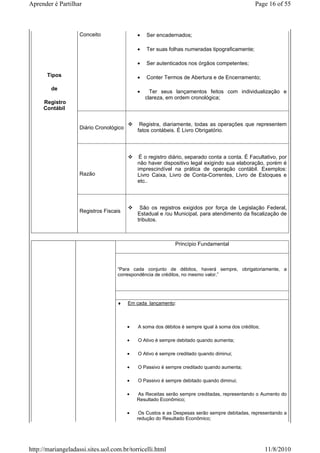 Aprender é Partilhar                                                                             Page 16 of 55



                    Conceito                 •   Ser encadernados;

                                             •   Ter suas folhas numeradas tipograficamente;

                                             •   Ser autenticados nos órgãos competentes;

       Tipos                                 •   Conter Termos de Abertura e de Encerramento;

        de
                                             •     Ter seus lançamentos feitos com individualização e
                                                 clareza, em ordem cronológica;
     Registro
     Contábil

                                              Registra, diariamente, todas as operações que representem
                    Diário Cronológico       fatos contábeis. É Livro Obrigatório.



                                              É o registro diário, separado conta a conta. É Facultativo, por
                                             não haver dispositivo legal exigindo sua elaboração, porém é
                                             imprescindível na prática de operação contábil. Exemplos:
                    Razão                    Livro Caixa, Livro de Conta-Correntes, Livro de Estoques e
                                             etc..



                                              São os registros exigidos por força de Legislação Federal,
                    Registros Fiscais
                                             Estadual e /ou Municipal, para atendimento da fiscalização de
                                             tributos.



                                                             Princípio Fundamental



                                   “Para cada conjunto de débitos, haverá sempre, obrigatoriamente, a
                                   correspondência de créditos, no mesmo valor.”




                                   ♦     Em cada lançamento:



                                         •   A soma dos débitos é sempre igual à soma dos créditos;

                                         •   O Ativo é sempre debitado quando aumenta;

                                         •   O Ativo é sempre creditado quando diminui;

                                         •   O Passivo é sempre creditado quando aumenta;

                                         •   O Passivo é sempre debitado quando diminui;

                                         •   As Receitas serão sempre creditadas, representando o Aumento do
                                             Resultado Econômico;

                                         •    Os Custos e as Despesas serão sempre debitadas, representando a
                                             redução do Resultado Econômico;




http://mariangeladassi.sites.uol.com.br/torricelli.html                                               11/8/2010
 