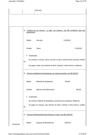 Aprender é Partilhar                                                                             Page 18 of 55



                                      onde sai)




                           Compra de um Veículo , à vista, em dinheiro, por R$ 12.000,00, para uso
                          operacional:




                          Débito:        Veículos                              12.000,00




                          Crédito:       Caixa                                                  12.000,00



                          •   Explicação:

                              Ao comprar o veículo, entrou um bem no Ativo. Quando Ativo aumenta, debita-
                    se.

                              Ao pagar à vista, saiu dinheiro do Ativo. Quando o Ativo diminui, credita-se.



                          Compra de Material de Expediente, por cheque bancário, por R$ 200,00:




                          Débito:        Material de Expediente                   200,00




                          Crédito:       Bancos conta Movimento                                   200,00



                          •   Explicação:

                              Ao comprar material de expediente, aumentou-se a Despesa. Debita-se.

                              Ao pagar em cheque, saiu dinheiro do Ativo. Quando o Ativo diminui, credita-
                    se.



                          Compra de Mercadorias para Estoque, a prazo, por R$ 3.000,00:




                          Débito:        Estoque de Mercadorias                  3.000,00
     Exercícios




http://mariangeladassi.sites.uol.com.br/torricelli.html                                              11/8/2010
 