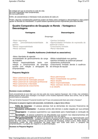 Aprender é Partilhar                                                                                 Page 52 of 55



Do estágio em que se encontra no ciclo de vida;
De suas motivações mais fundamentais;
De sua qualificação.
Enfim, de características e interesses muito peculiares de cada um.
Porém, algumas considerações genéricas podem ser feitas sobre vantagens e desvantagens e elas podem
ajudar na decisão do interessado. O quadro abaixo apresenta pontos importantes para essa decisão.

    Quadro Comparativo de Ocupação vs Renda - Vantagens e
    Desvantagens
                       Vantagens                                            Desvantagens

                                                    Emprego

    -Maior segurança                                        -Ganhos limitados
    -Maior   previsibilidade/estabilidade             de    -Oportunidades limitadas de expressão do
    ganhos                                                  potencial criativo
    -Menor responsabilidade                                 -Crescimento limitado
    -Menor estresse                                         -Menor liberdade

                          Trabalho Autônomo (individual ou associativo)

    -Maior liberdade de agenda
    -Possibilidade de gerenciamento da carga                -Média instabilidade nos ganhos
    de trabalho                                             -Ganhos limitados ao potencial pessoal
    -Menor     responsabilidade tanto   com                 -Isolamento profissional
    relação a compromissos de emprego                       -Crescimento limitado devido à ausência
    quanto com relação a obrigações de                      de sinergia de equipe
    empreendedor

    Pequeno Negócio

                                                            -Risco patrimonial
    -Maior   potencial de ganho
                                                            -Maior instabilidade nos ganhos
    -Maior   potencial de realização pessoal
                                                            -Maior desafio
    -Maior   potencial de realização profissional
                                                            -Maior responsabilidade
    -Maior   autonomia e liberdade
                                                            -Maior estresse devido à responsabilidade
    -Maior   potencial de crescimento
                                                            e ao desafio

Sucesso e suas condições
Você provavelmente já ouviu falar que uma boa parte dos novos negócios fracassam. Isto é triste, mas verdadeiro.
Muitas pessoas deixam seus empregos e se lançam à livre iniciativa esperando realizar seus sonhos, mas os vêem
transformados em pesadelos.

 Por que há tantos fracassos? É possível reverter isso? O que uma pessoa pode fazer para evitar o fracasso?
O fracasso no pequeno negócio está associado, normalmente, a alguns itens críticos:

       Falta de recursos - A pessoa planeja mal as demandas de recursos financeiros do
novo empreendimento;
       Excessivo entusiasmo - A pessoa sonha alto demais e acaba cegada por sua prórpia
ambição;
       Despreparo - A pessoa superestima sua capacidade para implantação e condução do
negócio;
       Sociedade - A pessoa subestima as dificuldades que existem nos relacionamentos em
sociedade ou não está preparada para a convivência com um sócio;
       Mal gerenciamento - A pessoa se distrai de uma função-chave na administração (por
exemplo: controle financeiro, vendas), mantém-se distante ou se acomoda. Para ter sucesso,
antes de mais nada, é necessário cercar as chances de fracasso, evitar o erro. Além disso, é
necessário cuidar de três condições de base para que tudo saia bem: o preparo do
empreendedor, o projeto de negócio e a administração.
Sucesso no Pequeno Negócio




http://mariangeladassi.sites.uol.com.br/torricelli.html                                                   11/8/2010
 