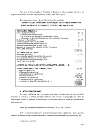 Para obter a Demonstração do Resultado do Exercício e a Demonstração de Lucros ou
Prejuízos Acumulados, consulte, respectivamente, os itens 3 e 4 deste capítulo.
Com base nesses dados, veja como fica a nossa demonstração:
DEMONSTRAÇÃO DAS ORIGENS E APLICAÇÕES DE RECURSOS DA EMPESA R.
NUNES S/A, EM 31 DE DEZEMBRO DO EXERCÍCIO ANTERIOR E ATUAL
6. NOTAS EXPLICATIVAS
As notas explicativas são informações que visam complementar as demonstrações
financeiras e esclarecer os critérios contábeis utilizados pela empresa, a composição dos saldos de
determinadas contas, os métodos de depreciação, os principais critérios de avaliação dos elementos
patrimoniais etc.
Veja o que dispões os parágrafos 4º e 5º do artigo 176 da Lei n.º 6.404/76:
§ 4º - As demonstrações serão complementadas por notas explicativas e outros quadros
analíticos ou demonstrações contábeis necessárias para esclarecimento da situação patrimonial e dos
resultados do exercício
111
ORIGENS DOS RECURSOS
Lucro Líquido do Exercício
(+) Depreciações e amortizações
(+ ou -) Variação nos Resultados de Exercícios Futuros
(+) Resultado da Correção Monetária das Demonstrações Financeiras
Realização do Capital Social
Contribuições para Reservas de Capital
Aumento do Passivo Exigível a Longo Prazo
Redução do Ativo Realizável a Longo Prazo
Alienação de Investimentos e Direitos do Ativo Permanente
TOTAL DAS ORIGENS
APLICAÇÕES DE RECURSOS
Dividendos distribuídos
Aumento de Bens ou Direitos do Ativo Permanente
Aumento do Ativo Realizável a Longo Prazo
Redução do Passivo Exigível a Longo Prazo
TOTAL DAS APLICAÇÕES
AUMENTO OU DIMINUIÇÃO DO CAPITAL CIRCULANTE LÍQUIDO ( 1 – 2)
VARIAÇÃO DO CAPITAL CIRCULANTE LÍQUIDO
Ativo Circulante Inicial
(-) Passivo Circulante Inicial
a. Capital Circulante Líquido Inicial
Ativo Circulante Final
(-) Passivo Circulante Final
b. Capital Circulante Líquido Final
c. Variação do Capital Circulante Líquido (b – a)
282.478
237.175
—
570.025
—
—
—
—
— .
1.089.678
161.013
—
—
— .
161.013
928.665
1.200.000
(332.000)
868.000
2.835.000
(1.038.335)
1.796.665
928.665
 