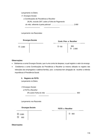 Lançamento no Diário:
 Encargos Sociais
a Contribuições de Previdência a Recolher
26,8%, incluído SAT, sobre a Folha de Pagamento
do mês, referente à parte patronal ................................................ 2.680
————————— —————————-
Lançamento nos Razonetes:
Observações:
• Debitamos a conta Encargos Sociais, que é uma conta de despesa, a qual registra o valor do encargo.
• Creditamos a conta Contribuições de Previdência a Recolher (a mesma utilizada no registro das
retenções dos empregados e salários-família), pois a empresa tem obrigação de recolher a referida
importância à Previdência Social.
5. Registro do FGTS:
Lançamento no Diário:
 Encargos Sociais
a FGTS a Recolher
8% sobre Folha do mês ................................................................. 800
——————- ——————
Lançamento nos Razonete:
Observações:
118
 2.680
Encargos Sociais
 150 800
 2.680
Contr. Prev. a Recolher
 2.680
 800
Encargos Sociais
 800
FGTS a Recolher
 