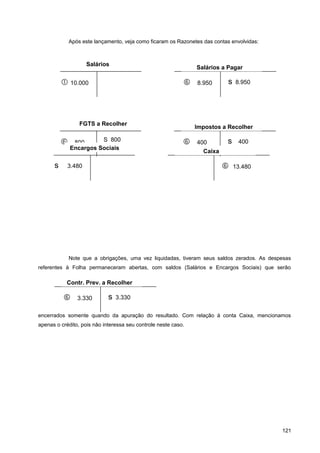Após este lançamento, veja como ficaram os Razonetes das contas envolvidas:
Note que a obrigações, uma vez liquidadas, tiveram seus saldos zerados. As despesas
referentes à Folha permaneceram abertas, com saldos (Salários e Encargos Sociais) que serão
encerrados somente quando da apuração do resultado. Com relação à conta Caixa, mencionamos
apenas o crédito, pois não interessa seu controle neste caso.
121
 10.000
Salários
 8.950 s 8.950
Salários a Pagar
 800 S 800
FGTS a Recolher
 400 s 400
Impostos a Recolher
s 3.480
Encargos Sociais
 13.480
Caixa
 3.330 s 3.330
Contr. Prev. a Recolher
 