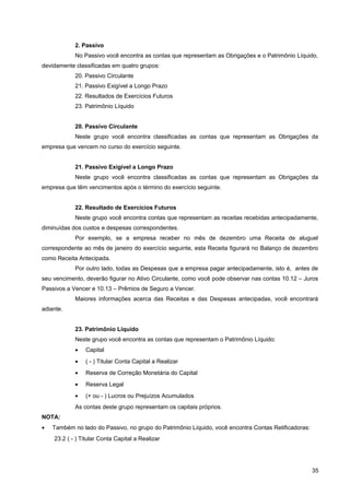 2. Passivo
No Passivo você encontra as contas que representam as Obrigações e o Patrimônio Líquido,
devidamente classificadas em quatro grupos:
20. Passivo Circulante
21. Passivo Exigível a Longo Prazo
22. Resultados de Exercícios Futuros
23. Patrimônio Líquido
20. Passivo Circulante
Neste grupo você encontra classificadas as contas que representam as Obrigações da
empresa que vencem no curso do exercício seguinte.
21. Passivo Exigível a Longo Prazo
Neste grupo você encontra classificadas as contas que representam as Obrigações da
empresa que têm vencimentos após o término do exercício seguinte.
22. Resultado de Exercícios Futuros
Neste grupo você encontra contas que representam as receitas recebidas antecipadamente,
diminuídas dos custos e despesas correspondentes.
Por exemplo, se a empresa receber no mês de dezembro uma Receita de aluguel
correspondente ao mês de janeiro do exercício seguinte, esta Receita figurará no Balanço de dezembro
como Receita Antecipada.
Por outro lado, todas as Despesas que a empresa pagar antecipadamente, isto é, antes de
seu vencimento, deverão figurar no Ativo Circulante, como você pode observar nas contas 10.12 – Juros
Passivos a Vencer e 10.13 – Prêmios de Seguro a Vencer.
Maiores informações acerca das Receitas e das Despesas antecipadas, você encontrará
adiante.
23. Patrimônio Líquido
Neste grupo você encontra as contas que representam o Patrimônio Líquido:
• Capital
• ( - ) Titular Conta Capital a Realizar
• Reserva de Correção Monetária do Capital
• Reserva Legal
• (+ ou - ) Lucros ou Prejuízos Acumulados
As contas deste grupo representam os capitais próprios.
NOTA:
• Também no lado do Passivo, no grupo do Patrimônio Líquido, você encontra Contas Retificadoras:
23.2 ( - ) Titular Conta Capital a Realizar
35
 