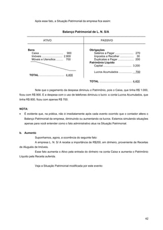 Após esse fato, a Situação Patrimonial da empresa fica assim:
Note que o pagamento da despesa diminuiu o Patrimônio, pois o Caixa, que tinha R$ 1.000,
ficou com R$ 900. E a despesa com o uso de telefones diminuiu o lucro: a conta Lucros Acumulados, que
tinha R$ 800, ficou com apenas R$ 700.
NOTA:
• É evidente que, na prática, não é imediatamente após cada evento ocorrido que o contador altera o
Balanço Patrimonial da empresa, diminuindo ou aumentando os lucros. Estamos simulando situações
apenas para você entender como o fato administrativo atua na Situação Patrimonial.
b. Aumento
Suponhamos, agora, a ocorrência do seguinte fato:
A empresa L. N. S/ A recebe a importância de R$200, em dinheiro, proveniente de Receitas
de Aluguéis de Imóveis.
Esse fato aumenta o Ativo pela entrada do dinheiro na conta Caixa e aumenta o Patrimônio
Líquido pela Receita auferida.
Veja a Situação Patrimonial modificada por este evento:
42
Bens
Caixa ............................... 900
Imóveis ........................... 2.800
Móveis e Utensílios ......... 700
TOTAL ................................. 4.400
Obrigações
Salários a Pagar ........................ 270
Impostos a Recolher .................. 30
Duplicatas a Pagar ..................... 200
Patrimônio Líquido
Capital ..................................... 3.200
Lucros Acumulados ................. 700
TOTAL ........................................... 4.400
ATIVO PASSIVO
Balanço Patrimonial de L. N. S/A
 