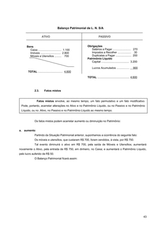 2.3. Fatos mistos
Os fatos mistos podem acarretar aumento ou diminuição no Patrimônio:
a. aumento
Partindo da Situação Patrimonial anterior, suponhamos a ocorrência do seguinte fato:
Os móveis e utensílios, que custaram R$ 700, foram vendidos, à vista, por R$ 750.
Tal evento diminuirá o ativo em R$ 700, pela saída de Móveis e Utensílios; aumentará
novamente o Ativo, pela entrada de R$ 750, em dinheiro, no Caixa; e aumentará o Patrimônio Líquido,
pelo lucro auferido de R$ 50.
O Balanço Patrimonial ficará assim:
43
Fatos mistos envolve, ao mesmo tempo, um fato permutativo e um fato modificativo.
Pode, portanto, acarretar alterações no Ativo e no Patrimônio Líquido, ou no Passivo e no Patrimônio
Líquido, ou no .Ativo, no Passivo e no Patrimônio Líquido ao mesmo tempo.
Bens
Caixa ............................... 1.100
Imóveis ........................... 2.800
Móveis e Utensílios ......... 700
TOTAL ................................. 4.600
Obrigações
Salários a Pagar ........................ 270
Impostos a Recolher .................. 30
Duplicatas a Pagar ..................... 200
Patrimônio Líquido
Capital ..................................... 3.200
Lucros Acumulados ................. 900
TOTAL ........................................... 4.600
ATIVO PASSIVO
Balanço Patrimonial de L. N. S/A
 