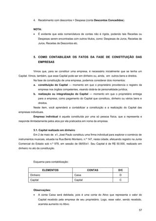 4. Recebimento com descontos = Despesa (conta Descontos Concedidos).
NOTA:
• É evidente que esta nomenclatura de contas não é rígida, podendo tais Receitas ou
Despesas serem encontradas com outros títulos, como: Despesas de Juros, Receitas de
Juros, Receitas de Descontos etc.
5. COMO CONTABILIZAR OS FATOS DA FASE DE CONSTITUIÇÃO DAS
EMPRESAS
Vimos que, para se constituir uma empresa, é necessário inicialmente que se tenha um
Capital. Vimos, também, que esse Capital pode ser em dinheiro ou, ainda, em outros bens e direitos.
Na fase de constituição de uma empresa, podemos considerar dois momentos:
a. constituição do Capital — momento em que o proprietário providencia o registro da
empresa nos órgãos competentes, visando dotá-la de personalidade jurídica;
b. realização ou integralização do Capital — momento em que o proprietário entrega
para a empresa, como pagamento do Capital que constituiu, dinheiro ou vários bens e
direitos.
Neste item, você aprenderá a contabilizar a constituição e a realização do Capital das
empresas individuais.
Empresa individual é aquela constituída por uma só pessoa física, que a representa e
responde ilimitadamente pelos atos por ela praticados em nome da empresa.
5.1. Capital realizado em dinheiro
Em 2 de maio de x1, José Paulo constituiu uma firma individual para explorar o comércio de
instrumentos musicais, situada na Rua Bento Monteiro, n.º 147, nesta cidade, efetuando registro na Junta
Comercial do Estado sob n.º 978, em sessão de 08/05/x1. Seu Capital é de R$ 50.000, realizado em
dinheiro no ato da constituição.
Esquema para contabilização:
Observações:
• A conta Caixa será debitada, pois é uma conta do Ativo que representa o valor do
Capital recebido pela empresa de seu proprietário. Logo, esse valor, sendo recebido,
acarreta aumento no Ativo.
57
ELEMENTOS CONTAS D/C
Dinheiro Caixa D
Capital Capital C
 