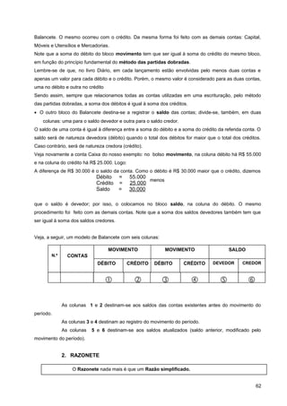 Balancete. O mesmo ocorreu com o crédito. Da mesma forma foi feito com as demais contas: Capital,
Móveis e Utensílios e Mercadorias.
Note que a soma do débito do bloco movimento tem que ser igual à soma do crédito do mesmo bloco,
em função do princípio fundamental do método das partidas dobradas.
Lembre-se de que, no livro Diário, em cada lançamento estão envolvidas pelo menos duas contas e
apenas um valor para cada débito e o crédito. Porém, o mesmo valor é considerado para as duas contas,
uma no débito e outra no crédito
Sendo assim, sempre que relacionamos todas as contas utilizadas em uma escrituração, pelo método
das partidas dobradas, a soma dos débitos é igual à soma dos créditos.
• O outro bloco do Balancete destina-se a registrar o saldo das contas; divide-se, também, em duas
colunas: uma para o saldo devedor e outra para o saldo credor.
O saldo de uma conta é igual à diferença entre a soma do débito e a soma do crédito da referida conta. O
saldo será de natureza devedora (débito) quando o total dos débitos for maior que o total dos créditos.
Caso contrário, será de natureza credora (crédito).
Veja novamente a conta Caixa do nosso exemplo: no bolso movimento, na coluna débito há R$ 55.000
e na coluna do crédito há R$ 25.000. Logo:
A diferença de R$ 30.000 é o saldo da conta. Como o débito é R$ 30.000 maior que o crédito, dizemos
que o saldo é devedor; por isso, o colocamos no bloco saldo, na coluna do débito. O mesmo
procedimento foi feito com as demais contas. Note que a soma dos saldos devedores também tem que
ser igual à soma dos saldos credores.
Veja, a seguir, um modelo de Balancete com seis colunas:
As colunas 1 e 2 destinam-se aos saldos das contas existentes antes do movimento do
período.
As colunas 3 e 4 destinam ao registro do movimento do período.
As colunas 5 e 6 destinam-se aos saldos atualizados (saldo anterior, modificado pelo
movimento do período).
2. RAZONETE
62
Débito = 55.000
Crédito = 25.000
Saldo = 30.000
menos
SALDO
CREDORDEVEDOR
 
N.º CONTAS
MOVIMENTO
DÉBITO CRÉDITO
 
MOVIMENTO
DÉBITO CRÉDITO
 
O Razonete nada mais é que um Razão simplificado.
 