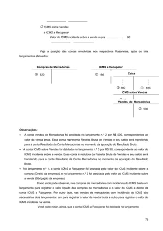 ——————— ———————
 ICMS sobre Vendas
a ICMS a Recuperar
Valor do ICMS incidente sobre a venda supra ...................... 90
——————— ———————-
Veja a posição das contas envolvidas nos respectivos Razonetes, após os três
lançamentos efetuados:
Observações:
• A conta vendas de Mercadorias foi creditada no lançamento n.° 2 por R$ 500, correspondentes ao
valor da venda bruta. Essa conta representa Receita Bruta de Vendas e seu saldo será transferido
para a conta Resultado da Conta Mercadorias no momento da apuração do Resultado Bruto.
• A conta ICMS sobre Vendas foi debitada no lançamento n.º 3 por R$ 90, correspondente ao valor do
ICMS incidente sobre a venda. Essa conta é redutora da Receita Bruta de Vendas e seu saldo será
transferido para a conta Resultado da Conta Mercadorias no momento da apuração do Resultado
Bruto.
• No lançamento n.º 1, a conta ICMS a Recuperar foi debitada pelo valor do ICMS incidente sobre a
compra (Direito da empresa), e no lançamento n.º 3 foi creditada pelo valor do ICMS incidente sobre
a venda (Obrigação da empresa).
Como você pode observar, nas compras de mercadorias com incidência do ICMS basta um
lançamento para registrar o valor líquido das compras de mercadorias e o valor do ICMS a débito da
conta ICMS a Recuperar. Por outro lado, nas vendas de mercadorias com incidência do ICMS são
necessários dois lançamentos: um para registrar o valor da venda bruta e outro para registrar o valor do
ICMS incidente na venda.
Você pode notar, ainda, que a conta ICMS a Recuperar foi debitada no lançamento
76
Compras de Mercadorias
 820
ICMS a Recuperar
 90 180 Caixa



 820



 500
ICMS sobre Vendas
 90
Vendas de Mercadorias
 500
 