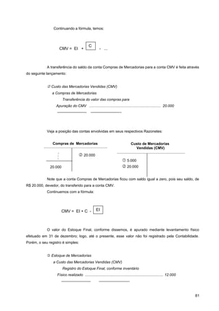 Continuando a fórmula, temos:
A transferência do saldo da conta Compras de Mercadorias para a conta CMV é feita através
do seguinte lançamento:
 Custo das Mercadorias Vendidas (CMV)
a Compras de Mercadorias
Transferência do valor das compras para
Apuração do CMV ...................................................................... 20.000
———————— ————————-
Veja a posição das contas envolvidas em seus respectivos Razonetes:
Note que a conta Compras de Mercadorias ficou com saldo igual a zero, pois seu saldo, de
R$ 20.000, devedor, do transferido para a conta CMV.
Continuemos com a fórmula:
O valor do Estoque Final, conforme dissemos, é apurado mediante levantamento físico
efetuado em 31 de dezembro; logo, até o presente, esse valor não foi registrado pela Contabilidade.
Porém, o seu registro é simples:
 Estoque de Mercadorias
a Custo das Mercadorias Vendidas (CMV)
Registro do Estoque Final, conforme inventário
Físico realizado ............................................................................. 12.000
———————— ————————-
81
CMV = EI + - ...
C
CMV = EI + C - EI
Custo de Mercadorias
Vendidas (CMV)
 5.000
 20.000
Compras de Mercadorias
 20.000



20.000
 