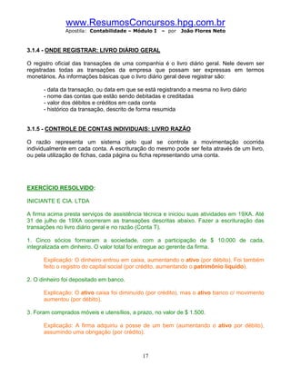 www.ResumosConcursos.hpg.com.br
              Apostila: Contabilidade – Módulo I    – por   João Flores Neto



3.1.4 - ONDE REGISTRAR: LIVRO DIÁRIO GERAL

O registro oficial das transações de uma companhia é o livro diário geral. Nele devem ser
registradas todas as transações da empresa que possam ser expressas em termos
monetários. As informações básicas que o livro diário geral deve registrar são:

      - data da transação, ou data em que se está registrando a mesma no livro diário
      - nome das contas que estão sendo debitadas e creditadas
      - valor dos débitos e créditos em cada conta
      - histórico da transação, descrito de forma resumida


3.1.5 - CONTROLE DE CONTAS INDIVIDUAIS: LIVRO RAZÃO

O razão representa um sistema pelo qual se controla a movimentação ocorrida
individualmente em cada conta. A escrituração do mesmo pode ser feita através de um livro,
ou pela utilização de fichas, cada página ou ficha representando uma conta.




EXERCÍCIO RESOLVIDO:

INICIANTE E CIA. LTDA

A firma acima presta serviços de assistência técnica e iniciou suas atividades em 19XA. Até
31 de julho de 19XA ocorreram as transações descritas abaixo. Fazer a escrituração das
transações no livro diário geral e no razão (Conta T).

1. Cinco sócios formaram a sociedade, com a participação de $ 10.000 de cada,
integralizada em dinheiro. O valor total foi entregue ao gerente da firma.

      Explicação: O dinheiro entrou em caixa, aumentando o ativo (por débito). Foi também
      feito o registro do capital social (por crédito, aumentando o patrimônio líquido).

2. O dinheiro foi depositado em banco.

      Explicação: O ativo caixa foi diminuído (por crédito), mas o ativo banco c/ movimento
      aumentou (por débito).

3. Foram comprados móveis e utensílios, a prazo, no valor de $ 1.500.

      Explicação: A firma adquiriu a posse de um bem (aumentando o ativo por débito),
      assumindo uma obrigação (por crédito).



                                            17
 