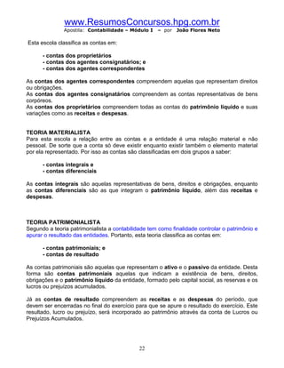 www.ResumosConcursos.hpg.com.br
               Apostila: Contabilidade – Módulo I   – por   João Flores Neto

Esta escola classifica as contas em:

      - contas dos proprietários
      - contas dos agentes consignatários; e
      - contas dos agentes correspondentes

As contas dos agentes correspondentes compreendem aquelas que representam direitos
ou obrigações.
As contas dos agentes consignatários compreendem as contas representativas de bens
corpóreos.
As contas dos proprietários compreendem todas as contas do patrimônio líquido e suas
variações como as receitas e despesas.


TEORIA MATERIALISTA
Para esta escola a relação entre as contas e a entidade é uma relação material e não
pessoal. De sorte que a conta só deve existir enquanto existir também o elemento material
por ela representado. Por isso as contas são classificadas em dois grupos a saber:

      - contas integrais e
      - contas diferenciais

As contas integrais são aquelas representativas de bens, direitos e obrigações, enquanto
as contas diferenciais são as que integram o patrimônio líquido, além das receitas e
despesas.



TEORIA PATRIMONIALISTA
Segundo a teoria patrimonialista a contabilidade tem como finalidade controlar o patrimônio e
apurar o resultado das entidades. Portanto, esta teoria classifica as contas em:

      - contas patrimoniais; e
      - contas de resultado

As contas patrimoniais são aquelas que representam o ativo e o passivo da entidade. Desta
forma são contas patrimoniais aquelas que indicam a existência de bens, direitos,
obrigações e o patrimônio líquido da entidade, formado pelo capital social, as reservas e os
lucros ou prejuízos acumulados.

Já as contas de resultado compreendem as receitas e as despesas do período, que
devem ser encerradas no final do exercício para que se apure o resultado do exercício. Este
resultado, lucro ou prejuízo, será incorporado ao patrimônio através da conta de Lucros ou
Prejuízos Acumulados.




                                             22
 