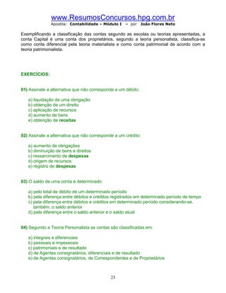 www.ResumosConcursos.hpg.com.br
               Apostila: Contabilidade – Módulo I   – por     João Flores Neto

Exemplificando a classificação das contas segundo as escolas ou teorias apresentadas, a
conta Capital é uma conta dos proprietários, segundo a teoria personalista, classifica-se
como conta diferencial pela teoria materialista e como conta patrimonial de acordo com a
teoria patrimonialista.




EXERCÍCIOS:


01) Assinale a alternativa que não corresponde a um débito:

   a) liquidação de uma obrigação
   b) obtenção de um direito
   c) aplicação de recursos
   d) aumento de bens
   e) obtenção de receitas


02) Assinale a alternativa que não corresponde a um crédito:

   a) aumento de obrigações
   b) diminuição de bens e direitos
   c) ressarcimento de despesas
   d) origem de recursos
   e) registro de despesas


03) O saldo de uma conta é determinado:

   a) pelo total de débito de um determinado período
   b) pela diferença entre débitos e créditos registrados em determinado período de tempo
   c) pela diferença entre débitos e créditos em determinado período considerando-se,
      também, o saldo anterior
   d) pela diferença entre o saldo anterior e o saldo atual


04) Segundo a Teoria Personalista as contas são classificadas em:

   a) integrais e diferenciais
   b) pessoais e impessoais
   c) patrimoniais e de resultado
   d) de Agentes consignatários, diferenciais e de resultado
   e) de Agentes consignatários, de Correspondentes e de Proprietários



                                             23
 