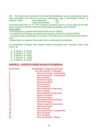 09)    Os estatutos da Companhia Comercial QQ estabelecem que as participações abaixo
serão calculadas com base no lucro que remanescer, após a participação anterior, na
seguinte ordem:           - Administradores         - 10%
                          - Partes Beneficiárias    - 5%
No período-base findo em 31.12.93 a referida companhia apurou um lucro antes da Provisão
para o Imposto de Renda e antes das Participações Estatutárias de $ 4.000,00.
Outros dados:
- A Provisão para o Imposto de Renda importou em $ 1.000,00;
- O montante dos Prejuízos Acumulados de exercícios anteriores era de $ 2.000,00;
- A empresa estava dispensada de constituir a Provisão para a Contribuição Social sobre o
Lucro.
- Desconsidere os aspectos relacionados com a distribuição de dividendos.

Os lançamentos contábeis para registrar essas participações (por natureza), foram, pela
ordem, de

 a)   $ 300,00 e   $ 150,00
 b)   $ 100,00 e   $ 45,00
 c)   $ 300,00 e   $ 135,00
 d)   $ 100,00 e   $ 50,00
 e)   $ 400,00 e   $ 180,00

GABARITO – EXERCÍCIO SOBRE BALANÇO PATRIMONIAL

Nº de ordem               Classificação no balanço patrimonial
1                             Ativo Permanente - imobilizado
2                               Ativo permanente - investimentos
3                               Ativo permanente - investimentos
4                               Ativo circulante
5                               Patrimônio líquido
6                               Passivo circulante
7                               Ativo circulante
8                               Ativo circulante
9                               Ativo realizável a longo prazo
10                              Ativo circulante
11                              Ativo realizável a longo prazo
12                              Passivo circulante
13                              Passivo circulante
14                              Ativo permanente imobilizado
15                              Patrimônio líquido
16                              Passivo exigível a longo prazo
17                              Patrimônio líquido
18                              Ativo circulante
19                              Ativo permanente - investimentos
20                              Ativo circulante
21                              Ativo circulante
22                              Ativo permanente - diferido



                                           16
 