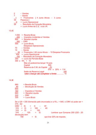 2           - Vendas
        7           - Gerais
          1         + Financeiras [ 4 Juros Ativos -    3 Juros
        35          Passivos ]
           9        = Lucro Operacional
        26          - Resultado da Correção Monetária
                    = Lucro Antes da C.S. e do I.R.

13) C

            1.000    =
                    Receita Bruta
              200    -
                    Impostos incidentes s/ Vendas
            800      =
                    Receita Líquida
              300    -
                    CMV
            500      =
                    Lucro Bruto
                    Despesas Operacionais
            70    - Vendas
            10    - Gerais
               30 + Financeira [ 40 Juros Ativos - 10 Despesa Financeira
             450 = Lucro Operacional
              150 - Resultado da Correção Monetária
            300   = Lucro do Período-Base
            300 x 5% = 15
                    Mas só poderemos lançar 14 pois
                    Capital                     500
                    Reserva da C.M. do Capital ..70
                                                570 x 20% = 114
                    Saldo da Reserva Legal                             100
                     valor a lançar até completar o limite ............. 14


14) E

            880          = Receita Bruta
             80          - Devolução de Vendas
            800
            160          -   Impostos s/ Vendas
            640          =    Receita Líquida
            310          -   CMV
            330          =    Lucro Bruto

            Se o LB = 330 (fornecido pelo enunciado) e a R.L. = 640, o CMV só pode ser =
            310, daí
            CMV = Ei         +   C      -    Ef
             310 = Ei        +    160 -       40
             310 = Ei        +      120
             310    -    120       = Ei               Lembrar que Compras 200 (220 - 20
            devolução) tem
                  190          = Ei          que tirar 20% de imposto.


                                                  21
 