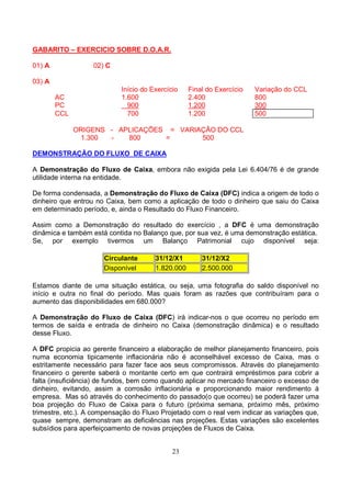 GABARITO – EXERCICIO SOBRE D.O.A.R.

01) A              02) C

03) A
                            Início do Exercício    Final do Exercício   Variação do CCL
        AC                  1.600                  2.400                800
        PC                    900                  1.200                300
        CCL                   700                  1.200                500

              ORIGENS - APLICAÇÕES = VARIAÇÃO DO CCL
               1.300  -   800     =       500

DEMONSTRAÇÃO DO FLUXO DE CAIXA

A Demonstração do Fluxo de Caixa, embora não exigida pela Lei 6.404/76 é de grande
utilidade interna na entidade.

De forma condensada, a Demonstração do Fluxo de Caixa (DFC) indica a origem de todo o
dinheiro que entrou no Caixa, bem como a aplicação de todo o dinheiro que saiu do Caixa
em determinado período, e, ainda o Resultado do Fluxo Financeiro.

Assim como a Demonstração do resultado do exercício , a DFC é uma demonstração
dinâmica e também está contida no Balanço que, por sua vez, é uma demonstração estática.
Se, por exemplo tivermos um Balanço Patrimonial cujo disponível seja:

                      Circulante       31/12/X1        31/12/X2
                      Disponível       1.820.000       2.500.000

Estamos diante de uma situação estática, ou seja, uma fotografia do saldo disponível no
início e outra no final do período. Mas quais foram as razões que contribuíram para o
aumento das disponibilidades em 680.000?

A Demonstração do Fluxo de Caixa (DFC) irá indicar-nos o que ocorreu no período em
termos de saída e entrada de dinheiro no Caixa (demonstração dinâmica) e o resultado
desse Fluxo.

A DFC propicia ao gerente financeiro a elaboração de melhor planejamento financeiro, pois
numa economia tipicamente inflacionária não é aconselhável excesso de Caixa, mas o
estritamente necessário para fazer face aos seus compromissos. Através do planejamento
financeiro o gerente saberá o montante certo em que contrairá empréstimos para cobrir a
falta (insuficiência) de fundos, bem como quando aplicar no mercado financeiro o excesso de
dinheiro, evitando, assim a corrosão inflacionária e proporcionando maior rendimento á
empresa. Mas só através do conhecimento do passado(o que ocorreu) se poderá fazer uma
boa projeção do Fluxo de Caixa para o futuro (próxima semana, próximo mês, próximo
trimestre, etc.). A compensação do Fluxo Projetado com o real vem indicar as variações que,
quase sempre, demonstram as deficiências nas projeções. Estas variações são excelentes
subsídios para aperfeiçoamento de novas projeções de Fluxos de Caixa.


                                             23
 