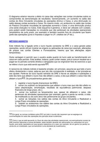 O diagrama anterior resume o efeito no caixa das variações nas contas circulantes sobre os
componentes da demonstração de resultados. Genericamente, um aumento no saldo das
contas do Ativo Circulante vinculadas às operações diminui o Caixa, e uma diminuição no
saldo dessas contas aumenta o Caixa. Do mesmo modo, um acréscimo no saldo das contas
do Passivo Circulante vinculadas às operações aumenta o Caixa, e uma diminuição produz
uma saída (redução) no Caixa. Este esquema é genérico, e deve ser utilizado com cuidado,
pois podem existir transações no circulante que não pertençam às atividades operacionais
(empréstimo de curto prazo, por exemplo) e também eventos fora do circulante que fazem
parte das operações (juros e impostos a pagar no LP, créditos de LP etc.).


MÉTODO INDIRETO

Este método faz a ligação entre o lucro líquido constante na DRE e o caixa gerado pelas
operações, sendo útil por mostrar as origens ou aplicações de caixa (por exemplo, alterações
de prazos nas contas Clientes e Fornecedores, mesmo que tais alterações sejam
temporárias).

Outra vantagem é permitir que o usuário avalie quanto do lucro está se transformando em
caixa em cada período. Esta análise, todavia, pode conter vieses, pois é comum receber-se e
pagar-se no período corrente direitos e obrigações que se originaram fora do exercício a que
se refere o lucro que está sendo apurado3[2].

A raciocínio do método indireto é bastante simples: em princípio, assume-se que todo o lucro
afetou diretamente o caixa; sabe-se que isto não corresponde à realidade, e daí procede-se
aos ajustes. Parte-se do lucro líquido extraído da DRE e faz-se as adições e subtrações a
este dos itens que afetam o lucro mas não afetam o caixa, e dos que afetam o caixa mas não
afetam o lucro4[3]. Os procedimentos gerais são:

       1. registrar o lucro líquido (transcrever da DRE);
       2. somar (ou subtrair) os lançamentos que afetam o lucro mas que não têm efeito no
       caixa (depreciação, amortização, resultado de equivalência patrimonial, despesa
       financeira de longo prazo, etc.);
       3. somar (ou subtrair) os lançamentos que, apesar de afetarem o caixa, não
       pertencem às atividades operacionais (por exemplo, ganho e perda na venda, a vista,
       de imobilizado ou de outro ativo não pertencente ao grupo circulante);
       4. somar as reduções nos saldos das contas do Ativo Circulante e Realizável a
       Longo Prazo vinculadas às operações;
       5. subtrair os acréscimos nos saldos das contas do Ativo Circulante e Realizável a
       Longo Prazo vinculados às operações;



3[2] Em geral, as normas contábeis sobre DFC em todo o mundo não requerem que se segregue as
movimentações do caixa das operações dos períodos atual e anteriores.

4[3] Como o que se está apurando é o fluxo de caixa das atividades operacionais, se eventualmente constar da
DRE eventos referentes a outras atividades, estes também deverão ser adicionados (ou subtraídos) ao lucro
líquido, pois serão reportados em seus grupos respectivos (é o caso, por exemplo, de um ganho (ou perda) na
venda de um imobilizado, que normalmente é uma atividade de investimento).
                                                     29
 