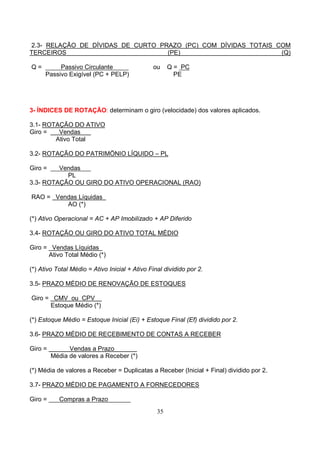 2.3- RELAÇÃO DE DÍVIDAS DE CURTO PRAZO (PC) COM DÍVIDAS TOTAIS COM
TERCEIROS                          (PE)                         (Q)

Q=         Passivo Circulante                  ou     Q = PC
      Passivo Exigível (PC + PELP)                      PE




3- ÍNDICES DE ROTAÇÃO: determinam o giro (velocidade) dos valores aplicados.

3.1- ROTAÇÃO DO ATIVO
Giro =   Vendas
        Ativo Total

3.2- ROTAÇÃO DO PATRIMÖNIO LÍQUIDO – PL

Giro =   Vendas
           PL
3.3- ROTAÇÃO OU GIRO DO ATIVO OPERACIONAL (RAO)

RAO = Vendas Líquidas
         AO (*)

(*) Ativo Operacional = AC + AP Imobilizado + AP Diferido

3.4- ROTAÇÃO OU GIRO DO ATIVO TOTAL MÉDIO

Giro = Vendas Líquidas
      Ativo Total Médio (*)

(*) Ativo Total Médio = Ativo Inicial + Ativo Final dividido por 2.

3.5- PRAZO MÉDIO DE RENOVAÇÃO DE ESTOQUES

Giro = CMV ou CPV
      Estoque Médio (*)

(*) Estoque Médio = Estoque Inicial (Ei) + Estoque Final (Ef) dividido por 2.

3.6- PRAZO MÉDIO DE RECEBIMENTO DE CONTAS A RECEBER

Giro =         Vendas a Prazo
         Média de valores a Receber (*)

(*) Média de valores a Receber = Duplicatas a Receber (Inicial + Final) dividido por 2.

3.7- PRAZO MÉDIO DE PAGAMENTO A FORNECEDORES

Giro =     Compras a Prazo
                                                 35
 