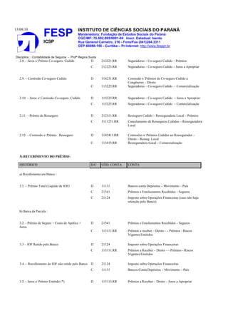 13/08/10
FESP
ICSP
INSTITUTO DE CIÊNCIAS SOCIAIS DO PARANÁ
Mantenedora: Fundação de Estudos Sociais do Paraná
CGC/MF: 76.602.895/0001-04 Inscr. Estadual: Isento
Rua General Carneiro, 216 - Fone/Fax (041)264.3311
CEP 80060-150 - Curitiba – Pr Internet: http://www.fesppr.br
Disciplina : Contabilidade de Seguros - Profª Regina Suota
2.8. - Juros s/ Prêmio Co-seguro Cedido D 212221.RR Seguradoras – Co-seguro Cedido – Prêmios
C 212223.RR Seguradoras – Co-seguro Cedido – Juros a Apropriar
2.9. – Comissão Co-seguro Cedido D 314231.RR Comissão s/ Prêmios de Co-seguro Cedido a
Congêneres – Direto
C 113225.RR Seguradoras – Co-seguro Cedido – Comercialização
2.10. – Juros s/ Comissão Co-seguro Cedido D 113223.RR Seguradoras – Co-seguro Cedido – Juros a Apropriar
C 113225.RR Seguradoras – Co-seguro Cedido – Comercialização
2.11. – Prêmio de Resseguro D 212311.RR Resseguro Cedido – Resseguradora Local – Prêmios
C 3111251.RR Cancelamento de Resseguros Cedidos – Resseguradora
Local
2.12. – Comissão s/ Prêmio Resseguro D 3142411.RR Comissões s/ Prêmios Cedidos ao Ressegurador –
Direto – Resseg. Local
C 113415.RR Resseguradora Local – Comercialização
3) RECEBIMENTO DO PRÊMIO:
HISTÓRICO D/C CÓD. CONTA CONTA
a) Recebimento em Banco :
3.1. – Prêmio Total (Liquido de IOF) D 11131 Bancos conta Depósitos – Movimento – País
C 21541 Prêmios e Emolumentos Recebidos – Seguros
C 21124 Imposto sobre Operações Financeiras (caso não haja
retenção pelo Banco)
b) Baixa da Parcela :
3.2. - Prêmio de Seguro + Custo de Apólice +
Juros
D 21541 Prêmios e Emolumentos Recebidos – Seguros
C 113111.RR Prêmios a receber – Direto – - Prêmios - Riscos
Vigentes Emitidos
3.3 – IOF Retido pelo Banco D 21124 Imposto sobre Operações Financeiras
C 113111.RR Prêmios a Receber – Direto – - Prêmios - Riscos
Vigentes Emitidos
3.4. – Recolhimento do IOF não retido pelo Banco D 21124 Imposto sobre Operações Financeiras
C 11131 Bancos Conta Depósitos – Movimento – País
3.5. - Juros s/ Prêmio Emitido (*) D 113113.RR Prêmios a Receber – Direto – Juros a Apropriar
 