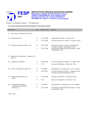 13/08/10
FESP
ICSP
INSTITUTO DE CIÊNCIAS SOCIAIS DO PARANÁ
Mantenedora: Fundação de Estudos Sociais do Paraná
CGC/MF: 76.602.895/0001-04 Inscr. Estadual: Isento
Rua General Carneiro, 216 - Fone/Fax (041)264.3311
CEP 80060-150 - Curitiba – Pr Internet: http://www.fesppr.br
Disciplina : Contabilidade de Seguros - Profª Regina Suota
12) AVISO E PAGAMENTO DE SINISTRO DE CO-SEGURO ACEITO:
HISTÓRICO D/C CÓD. CONTA CONTA
a) Aviso e ajuste na estimativa de Sinistro:
12.1. - Indenização Total D 3131112.RR Indenizações Avisadas – Co-seg. Aceitos
C 2161512.RR Provisão de Sinistros a Liquidar – Co-seguro Aceitos
12.2. - Recup.de Resseguro Cedido – Local D 2161551.RR Provisão de Sinistros a Liquidar – Recuperações s/
Resseguros Cedidos - Resseguradora Local
C 3132211.RR Recuperação de Indenizações de Resseguro – Direto -
Resseguradora Local
b) Pagamento de indenizações e despesas com
sinistros:
12.3. - Pagamento à congênere D 2161512.RR Provisão de Sinistros a Liquidar – Co-seguro Aceito
C 11131 Bancos conta Depósitos – Movimento – País
12.4. - Recup. de Resseguro Cedido Local D 113414.RR Resseguradoras – Resseguradora - Local – Sinistros
C 2161551RR Provisão de Sinistros a liquidar – recuperações sobre
Resseguros cedidos-Resseguradora Local
12.5. - Pagamento de despesas com
sinistro
D 3131312.RR Despesas com Sinistros – Cosseguros Aceitos
C 11131 Bancos conta Depósitos – Movimento – País
12.6. - Recuperação de Despesa
com Sinistros de Resseguro
D 113414.RR Resseguradoras – Resseguradora - Local – Sinistros
cedido Local C 3132211.RR Recuperação de Indenizações de Resseguro – Direto -
Resseguradora Local
1) RR = Ramo
 