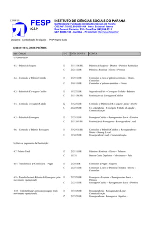 13/08/10                                     INSTITUTO DE CIÊNCIAS SOCIAIS DO PARANÁ
                       FESP                  Mantenedora: Fundação de Estudos Sociais do Paraná
                                             CGC/MF: 76.602.895/0001-04 Inscr. Estadual: Isento
                       ICSP                  Rua General Carneiro, 216 - Fone/Fax (041)264.3311
                                             CEP 80060-150 - Curitiba – Pr Internet: http://www.fesppr.br


Disciplina : Contabilidade de Seguros - Profª Regina Suota


  4) RESTITUIÇÃO DE PRÊMIO:

   HISTÓRICO                                          D/C    CÓD. CONTA      CONTA
   a) Apropriação:


   4.1. - Prêmio de Seguro                            D      3111116.RR.     Prêmios de Seguros – Diretos – Prêmios Restituídos
                                                      C      212111.RR       Prêmios a Restituir – Direto - Prêmios


   4.2. - Comissão s/ Prêmio Emitido                  D      212511.RR       Comissões e Juros s/ prêmios emitidos – Direto -
                                                                             Comissões
                                                      C      314111.RR       Comissões s/ prêmios emitidos – Direto


   4.3. - Prêmio de Co-seguro Cedido                  D      113221.RR       Seguradoras País – Co-seguro Cedido – Prêmios
                                                      C      3111136.RR      Restituições de Co-seguros Cedidos


   4.4. - Comissão Co-seguro Cedido                   D      314231.RR       Comissão s/ Prêmios de Co-seguro Cedido - Direto
                                                      C      212235.RR       Co-seguradoras – Cosseguro Cedido a Liquidar –
                                                                             Comercialização

   4.5. - Prêmio de Resseguro                         D      212311.RR       Resseguro Cedido – Resseguradora Local - Prêmios
                                                      C      3111261.RR      Restituição de Resseguros – Resseguradora Local


   4.6. - Comissão s/ Prêmio Resseguro.               D      3142411.RR      Comissões s/ Prêmios Cedidos a Resseguradoras–
                                                                             Direto – Resseg. Local
                                                      C      113415.RR       Resseguradora Local –Comercialização


   b) Baixa e pagamento da Restituição:


   4.7. Prêmio Total                                  D      212111.RR       Prêmios a Restituir – Direto – Prêmios
                                                      C      11131           Bancos Conta Depósitos – Movimento – País


   4.8 - Transferência p/ Comissão a Pagar            D      21241.RR        Comissões a Pagar – Seguros
                                                      C      212511.RR       Comissões e Juros s/ Prêmios Emitidos – Direto -
                                                                             Comissões

   4.9 – Transferência de Prêmio de Resseguro (pelo   D      212321.RR       Resseguro a Liquidar – Resseguradora Local –
   movimento operacional)                                                    Prêmios
                                                      C      212311.RR       Resseguro Cedido – Resseguradora Local - Prêmios


   4.10 – Transferência Comissão resseguro (pelo      D      113415.RR       Resseguradoras - Resseguradora Local –
   movimento operacional)                                                    Comercialização
                                                      C      212325.RR       Resseguradoras - Resseguro a Liquidar –
 