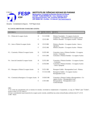 13/08/10                                       INSTITUTO DE CIÊNCIAS SOCIAIS DO PARANÁ
                    FESP                       Mantenedora: Fundação de Estudos Sociais do Paraná
                                               CGC/MF: 76.602.895/0001-04 Inscr. Estadual: Isento
                    ICSP                       Rua General Carneiro, 216 - Fone/Fax (041)264.3311
                                               CEP 80060-150 - Curitiba – Pr Internet: http://www.fesppr.br


Disciplina : Contabilidade de Seguros - Profª Regina Suota


   9) CANCELAMENTO DE CO-SEGURO ACEITO:

   HISTÓRICO                                           D/C    CÓD. CONTA       CONTA

   9.1. – Prêmio de Co-seguro Aceito                   D      3111125.RR       Prêmios Cancelados – Co-seguros Aceitos de
                                                                               Congêneres – Cancelamentos de Co-seguros Aceitos
                                                       C      123121.RR        Prêmios a Receber – Co-seguros Aceitos – Prêmios


   9.2. – Juros s/ Prêmio Co-seguro Aceito             D      123123.RR        Prêmios a Receber – Co-seguros Aceitos – Juros a
                                                                               Apropriar
                                                       C      123121.RR        Prêmios a Receber – Co-seguros Aceitos – Prêmios


   9.3. – Comissão s/ Prêmio Co-seguro Aceito          D      212521.RR        Comissões e juros s/ Prêmios Emitidos – Co-seguros
                                                                               Aceitos – Comissões
                                                       C      314112.RR        Comissões s/ Prêmios Emitidos – Co-seguros Aceitos


   9.4. - Juros de Comissão Co-seguro Aceito           D      212521.RR        Comissões s/ Prêmios Emitidos – Co-seguros Aceitos
                                                                               – Comissões
                                                       C      212522.RR        Comissões s/ Prêmios Emitidos – Co-seguros Aceitos
                                                                               – Juros a Apropriar

   9.5. – Resseguro s/ Prêmio Co-seguro Aceito         D      212311.RR        Resseguro Cedido – Resseguradora Local – Prêmios
                                                       C      31112121.RR      Resseguros Cedidos – Co-seguros Aceitos -
                                                                               Resseguradora Local

   9.6. – Comissão de Resseguro s/ Co-seguro Aceito D         3142421.RR       Comissões s/ Prêmios Cedidos a Resseguradoras – Co-
                                                                               seguros Aceitos – Resseguradora Local
                                                       C      113415.RR        Resseguradoras – Resseguradora Local –
                                                                               Comercialização



   OBS.:
   1) As contas de cancelamento são as mesmas de emissão, invertendo-se simplesmente o Lançamento, ou seja, de "Débito" para "Crédito",
   exceto a conta 3111125, item 9.1.
   2) Caso o cancelamento seja de parcela de co-seguro aceito vencida, contabilizar nas contas reclassificadas conforme itens 8.7 a 8.10.
   3) RR = Ramo
 