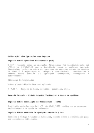 Tributação   das Operações com Seguros

Imposto sobre Operações Financeiras (IOF)

O IOF – Imposto sobre as operações financeiras foi instituído pela Lei
nº5143 de 20/10/1966 tem a incidência sobre e qualquer operação
financeira, inclusive sobre as operações de seguros, exceto os seguros
de crédito à Exportação e Transporte Internacional       Mercadorias e
também   ficam   isentas  as   operações   cosseguros,  resseguros   e
retrocessões.

Alíquotas Diferenciadas

Sobre a base cálculo deve ser aplicado

• 7,38 % - Seguros de Bens, direitos, garantias, etc..


Base de Cálculo : Prêmio Líquido(Tarifário) + Custo de Apólice


Imposto sobre Circulação de Mercadorias ( ICMS)

Instituído pelo Decreto-Lei nº5 de 15/03/1975     aplica-se em seguros,
exclusivamente na venda de salvados.

Imposto sobre serviços de qualquer natureza ( Iss)

Conforme o Código tributário municipal, incide sobre a remuneração paga
aos corretores habilitados.

                                                                          9
 