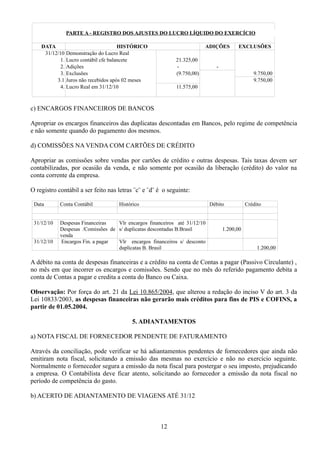 PARTE A - REGISTRO DOS AJUSTES DO LUCRO LÍQUIDO DO EXERCÍCIO 
DATA HISTÓRICO ADIÇÕES EXCLUSÕES 
31/12/10 Demonstração do Lucro Real 
1. Lucro contábil cfe balancete 21.325,00 
2. Adições - - 
3. Exclusões (9.750,00) 9.750,00 
3.1 Juros não recebidos após 02 meses 9.750,00 
4. Lucro Real em 31/12/10 11.575,00 
c) ENCARGOS FINANCEIROS DE BANCOS 
Apropriar os encargos financeiros das duplicatas descontadas em Bancos, pelo regime de competência 
e não somente quando do pagamento dos mesmos. 
d) COMISSÕES NA VENDA COM CARTÕES DE CRÉDITO 
Apropriar as comissões sobre vendas por cartões de crédito e outras despesas. Tais taxas devem ser 
contabilizadas, por ocasião da venda, e não somente por ocasião da liberação (crédito) do valor na 
conta corrente da empresa. 
O registro contábil a ser feito nas letras ¨c¨ e ¨d¨ é o seguinte: 
Data Conta Contábil Histórico Débito Crédito 
31/12/10 Despesas Financeiras 
Despesas /Comissões de 
venda 
Vlr encargos financeiros até 31/12/10 
s/ duplicatas descontadas B.Brasil 1.200,00 
31/12/10 Encargos Fin. a pagar Vlr encargos financeiros s/ desconto 
duplicatas B. Brasil 1.200,00 
A débito na conta de despesas financeiras e a crédito na conta de Contas a pagar (Passivo Circulante) , 
no mês em que incorrer os encargos e comissões. Sendo que no mês do referido pagamento debita a 
conta de Contas a pagar e credita a conta do Banco ou Caixa. 
Observação: Por força do art. 21 da Lei 10.865/2004, que alterou a redação do inciso V do art. 3 da 
Lei 10833/2003, as despesas financeiras não gerarão mais créditos para fins de PIS e COFINS, a 
partir de 01.05.2004. 
5. ADIANTAMENTOS 
a) NOTA FISCAL DE FORNECEDOR PENDENTE DE FATURAMENTO 
Através da conciliação, pode verificar se há adiantamentos pendentes de fornecedores que ainda não 
emitiram nota fiscal, solicitando a emissão das mesmas no exercício e não no exercício seguinte. 
Normalmente o fornecedor segura a emissão da nota fiscal para postergar o seu imposto, prejudicando 
a empresa. O Contabilista deve ficar atento, solicitando ao fornecedor a emissão da nota fiscal no 
período de competência do gasto. 
b) ACERTO DE ADIANTAMENTO DE VIAGENS ATÉ 31/12 
12 
 