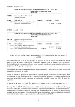LALUR – parte B - 2010 
PARTE B- CONTROLE DE VALORES QUE CONSTITUIRÃO AJUSTE DO 
LUCRO LÍQUIDO DE EXERCÍCIOS 
FUTUROS 
CONTA Depreciação Acelerada Incentivada 
Máquinas Agrícolas 
DATA HISTÓRICO DÉBITO CRÉDITO SALDO 
31/12/10 Valor incentivo Depreciação Acelerada 
Incentivada Máquinas agrícolas 20.000,00 20.000,00 
LALUR – parte B - 2011 
PARTE B- CONTROLE DE VALORES QUE CONSTITUIRÃO AJUSTE DO 
LUCRO LÍQUIDO DE EXERCÍCIOS 
FUTUROS 
CONTA Depreciação Acelerada Incentivada 
Máquinas Agrícolas 
DATA HISTÓRICO DÉBITO CRÉDITO SALDO 
31/12/10 Valor incentivo Depreciação Acelerada 
Incentivada Máquinas agrícolas 20.000,00 20.000,00 
31/12/11 Valor depreciação anual máquinas agrícolas 5.000,00 15.000,00 
NOTA: DEPRECIAÇÃO INCENTIVADA RURAL E CONTRIBUIÇÃO SOCIAL SOBRE O 
LUCRO 
De acordo com o art. 52 da IN SRF 93/1997, na apuração da base de cálculo da Contribuição Social 
sobre o Lucro (CSL) por empresas que explorem a atividade rural, os bens do Ativo Permanente 
Imobilizado, exceto a terra nua, utilizados nessa atividade poderão ser depreciados integralmente no 
próprio período de apuração da aquisição. 
Desta forma, podem ser adotados os mesmos critérios aplicáveis à depreciação acelerada incentivada 
para efeitos do Imposto de Renda. 
Assim, no período de apuração em que o bem for adquirido, poderá ser excluído do lucro líquido, para 
determinação da base de cálculo da CSL (a título de depreciação acelerada), o valor que, somado ao da 
quota de depreciação normal, registrada na escrituração contábil, resulte em 100% do custo de 
aquisição. 
f) DIFERIMENTO DA TRIBUTAÇÃO NA ALIENAÇÃO DE BENS DO ATIVO PERMANENTE 
O artigo 421 do RIR/99 determina que nas vendas do ativo permanente para recebimento do preço, 
todo ou e parte, após o término do ano-calendário seguinte ao da contratação, o contribuinte poderá, 
para efeito de determinar o lucro real, reconhecer o lucro na proporção da parcela do preço recebida 
em cada período de apuração. Caso o contribuinte tenha reconhecido o lucro na escrituração comercial 
no período base da vendas, os ajustes e controle serão efetuados no LALUR. 
38 
 