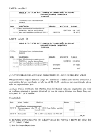LALUR – parte B - 11 
PARTE B- CONTROLE DE VALORES QUE CONSTITUIRÃO AJUSTE DO 
LUCRO LÍQUIDO DE EXERCÍCIOS 
FUTUROS 
CONTA Diferimento Lucro venda terreno em 
30/09/10 
DATA HISTÓRICO DÉBITO CRÉDITO SALDO 
31/12/10 Valor diferimento na venda terreno em 
30/09/10 ref parcelas não recebidas 108.325,00 108.325,00 
31/12/11 Valor parcela do lucro recebida em 30/09/11 54.162,50 54.162,50 
LALUR – parte B - 12 
PARTE B- CONTROLE DE VALORES QUE CONSTITUIRÃO AJUSTE DO 
LUCRO LÍQUIDO DE EXERCÍCIOS 
FUTUROS 
CONTA Diferimento Lucro venda terreno em 
30/09/10 
DATA HISTÓRICO DÉBITO CRÉDITO SALDO 
31/12/10 Valor diferimento na venda terreno em 
30/09/11 ref parcelas não recebidas 108.325,00 108.325,00 
31/12/11 
31/12/12 
Valor parcela do lucro recebida em 30/09/11 
Valor parcela do lucro recebida em 30/09/12 54.162,50 
54.162,50 
54.162,50 
0,00 
g) CUSTO UNITÁRIO DE AQUISIÇÃO DO IMOBILIZADO – BENS DE PEQUENO VALOR 
O Regulamento do Imposto de Renda (artigo 301) permite que se deduza como despesa operacional, o 
custo unitário de bem imobilizado no valor de até R$ 326,61 – desde que para sua utilização não se 
exija um conjunto desses bens. 
Assim, ao invés de imobilizar o bem (Débito a Ativo Imobilizado), efetua-se o lançamento a uma conta 
de resultado, reduzindo o montante tributável, no caso de empresa tributada pelo Lucro Real, com 
redução do IRPJ e CSL devidos. 
Contabilidade: 
Data Conta Contábil Histórico Débito Crédito 
Contabilização bens de pequeno valor 
30/10/10 Bens de pequeno valor 
- Despesas 
Vlr nf. 1010 Casas Bahia, aquisição 
mesa de centro 300,00 
30/10/10 Fornecedor Vlr nf. 1010 Casas Bahia, vcto 30/11/03 
300,00 
h) REPAROS, CONSERVAÇÃO OU SUBSTITUIÇÃO DE PARTES E PEÇAS DE BENS DO 
ATIVO IMOBILIZADO. 
1) Bens Totalmente Depreciados 
41 
 