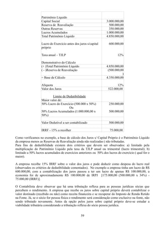 Patrimônio Líquido 
Capital Social 3.000.000,00 
Reserva de Reavaliação 500.000,00 
Outras Reservas 350.000,00 
Lucros Acumulados 1.000.000,00 
Total Patrimônio Líquido 4.850.000,00 
Lucro do Exercício antes dos juros s/capital 
600.000,00 
próprio 
Taxa anual – TJLP 12% 
Demonstrativo do Cálculo 
(+ )Total Patrimônio Líquido 4.850.000,00 
( - )Reserva de Reavaliação (500.000,00 
) 
= Base de Cálculo 4.350.000,00 
Alíquota 12% 
Valor dos Juros 522.000,00 
Limite de Dedutibilidade 
Maior valor de: 
50% Lucro do Exercício (500.000 x 50%) 250.000,00 
Ou 
50% Lucros Acumulados (1.000.000,00 x 
50%) 
500.000,00 
Valor Dedutível a ser contabilizado 500.000,00 
IRRF - 15% a recolher 75.000,00 
Como verificamos no exemplo, a base de cálculo dos Juros s/ Capital Próprio é o Patrimônio Líquido 
da empresa menos as Reservas de Reavaliação ainda não realizadas ( não tributadas. 
Para fins de dedutibilidade existem dois critérios que devem ser observados: a) limitado pela 
multiplicação do Patrimônio Líquido pela taxa da TJLP anual ou trimestral (lucro trimestral); b) 
limitado a 50% lucros acumulados de exercícios anteriores ou 50% dos lucros do exercício ( qual for o 
maior). 
A empresa recolhe 15% IRRF sobre o valor dos juros e pode deduzir como despesa do lucro real 
(observados os critérios de dedutibilidade comentados). No exemplo a empresa tinha um lucro de R$ 
600.000,00, com a contabilização dos juros passou a ter um lucro de apenas R$ 100.000,00, a 
economia foi de aproximadamente R$ 100.000,00 de IRPJ [175.000,00 (500.000,00 x 34%) - 
75.000,00 (IRRF)]. 
O Contabilista deve observar que há uma tributação reflexa para as pessoas jurídicas sócias que 
percebem o rendimento. A empresa que recebe os juros sobre capital próprio deverá contabilizar o 
valor destinado (recebido ou não) como receita financeira e se recuperar do Imposto de Renda Retido 
na Fonte. Já, se o sócio for pessoa física o rendimento será consideração como exclusivo na fonte, não 
sendo tributado novamente. Antes da opção pelos juros sobre capital próprio deve-se estudar a 
viabilidade tributária considerando a tributação reflexa do sócio pessoa jurídica. 
59 
 