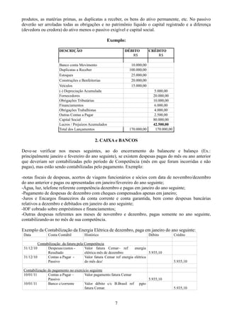 produtos, as matérias primas, as duplicatas a receber, os bens do ativo permanente, etc. No passivo 
deverão ser arroladas todas as obrigações e no patrimônio líquido o capital registrado e a diferença 
(devedora ou credora) do ativo menos o passivo exigível e capital social. 
Exemplo: 
DESCRIÇÃO DÉBITO CRÉDITO 
R$ R$ 
Banco conta Movimento 10.000,00 
Duplicatas a Receber 100.000,00 
Estoques 25.000,00 
Construções e Benfeitorias 20.000,00 
Veículos 15.000,00 
(-) Depreciação Acumulada 5.000,00 
Fornecedores 20.000,00 
Obrigações Tributárias 10.000,00 
Financiamentos 6.000,00 
Obrigações Trabalhistas 4.000,00 
Outras Contas a Pagar 2.500,00 
Capital Social 80.000,00 
Lucros / Prejuízos Acumulados 42.500,00 
Total dos Lançamentos 170.000,00 170.000,00 
2. CAIXA e BANCOS 
Deve-se verificar nos meses seguintes, ao do encerramento do balancete e balanço (Ex.: 
principalmente janeiro e fevereiro do ano seguinte), se existem despesas pagas do mês ou ano anterior 
que deveriam ser contabilizadas pelo período de Competência (mês em que foram incorridas e não 
pagas), mas estão sendo contabilizadas pelo pagamento. Exemplo: 
-notas fiscais de despesas, acertos de viagens funcionários e sócios com data de novembro/dezembro 
do ano anterior e pagas ou apresentadas em janeiro/fevereiro do ano seguinte; 
-Água, luz, telefone referente competência dezembro e pagas em janeiro do ano seguinte; 
-Pagamento de despesas de dezembro com cheques compensados apenas em janeiro; 
-Juros e Encargos financeiros da conta corrente e conta garantida, bem como despesas bancárias 
relativos a dezembro e debitados em janeiro do ano seguinte; 
-IOF cobrado sobre empréstimos e financiamentos; 
-Outras despesas referentes aos meses de novembro e dezembro, pagas somente no ano seguinte, 
contabilizando-as no mês de sua competência. 
Exemplo da Contabilização da Energia Elétrica de dezembro, paga em janeiro do ano seguinte: 
Data Conta Contábil Histórico Débito Crédito 
Contabilização da fatura pela Competência 
31/12/10 Despesas/custos - 
Resultado 
Valor fatura Cemar– ref energia 
elétrica mês de dezembro 5.935,10 
31/12/10 Contas a Pagar - 
Passivo 
Valor fatura Cemar ref energia elétrica 
do mês dez/ 5.935,10 
Contabilização do pagamento no exercício seguinte 
10/01/11 Contas a Pagar – 
Passivo 
Valor pagamento fatura Cemar 
5.935,10 
10/01/11 Banco c/corrente Valor débito c/c B.Brasil ref pgto 
fatura Cemar. 5.935,10 
7 
 