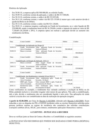 Histórico da Aplicação 
- Em 30.08.10, a empresa aplica R$ 500.000,00, no referido Fundo; 
- Em 30.09.10, conforme extrato da aplicação, o saldo é de R$ 517.500,00; 
- Em 30.10.10, conforme extrato, o saldo é de R$ 533.025,00; 
- Em 30.11.10, conforme extrato, o saldo é de R$ 525.135,00 (é menor que o mês anterior devido à 
queda da Bolsa ou do Dólar); 
- Em 30.12.10, conforme extrato o saldo é de R$ 521.120,00; 
- Em 20.01.11, a empresa resgatou a aplicação no Fundo de Investimento, no o valor líquido de R$ 
529.000,00, sendo o rendimento bruto de R$ 36.250,00 e retido o imposto de renda no valor de R$ 
7.250,00 (36.250,00 x 20%). A empresa optou em realizar a aplicação devido ao aumento dos 
rendimentos da Bolsa. 
Contabilização: 
Data Conta Contábil Histórico Débito Crédito 
Contabilização da Aplicação em 30/ago/10 
30/08/10 Fundo Investimento 
Ativo Circulante 
Valor aplicação Fundo de Investim. 
Variável B.Brasil 500.000,00 
30/08/10 Banco c/corrente Valor aplicação Fundo de Investim. 
Variável B.Brasil 500.000,00 
Data Conta Contábil Histórico Débito Crédito 
Contabilização do Resgate da Aplicação 20.01.11 
20/01/11 Banco c/corrente Valor resgate Fundo de Investim. 
Variável B.Brasil 529.000,00 
20/01/11 Fundo Investimento 
Ativo Circulante 
Valor aplicação Fundo de Investim. 
Variável B.Brasil 529.000,00 
Data Conta Contábil Histórico Débito Crédito 
Contabilização dos Rendimentos e retenção I.R em 20.01.11 
20/01/11 Fundo Investimento 
Ativo Circulante 
Valor rendimentos aplic. Fundo de 
Investim. B. Brasil 29.000,00 
20/01/11 IRRF aplic. financ. 
Ativo Circulante 
Valor retenção IRRF s/ aplic. Fundo de 
Investimentos B. Brasil 7.250,00 
20/01/11 Rendimento Aplic. 
Receitas 
Valor rendimento aplic. Fundo de 
Investimento B. Brasil 36.250,00 
Como verificamos no exemplo, o rendimento fica variando conforme a oscilação da Bolsa ou do 
Dólar, podendo inclusive o investidor resgatar valor menor do que aplicou. Não cabe a contabilização, 
mês a mês, devido o rendimento não ser considerado líquido e nem certo. Nas aplicações de renda 
variável a receita deve ser contabilizada na data da realização da operação (resgate). 
A partir de 02.08.2004, por força do Decreto 5.164/2004, (alterado pelo Decreto 5.442/2005), ficam 
reduzidas a zero as alíquotas do PIS e COFINS incidentes sobre as receitas financeiras auferidas pelas 
pessoas jurídicas sujeitas ao regime de incidência não cumulativa das referidas contribuições 
(variações cambiais ativas, SELIC, juros mútuos, rendimentos aplicações financeiras e outros). 
4. CLIENTES – DUPLICATAS A RECEBER 
Deve-se verificar junto ao Setor de Contas a Receber e a Contabilidade os seguintes assuntos: 
a) DUPLICATAS NÃO RECEBIDAS QUE PODEM SER BAIXADAS COMO PERDA (DESPESA) 
DEDUTÍVEL 
9 
 