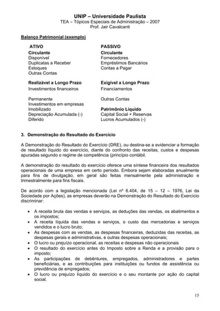 UNIP – Universidade Paulista
                   TEA – Tópicos Especiais de Administração – 2007
                                 Prof. Jair Cavalcanti

Balanço Patrimonial (exemplo)

   ATIVO                              PASSIVO
   Circulante                         Circulante
   Disponível                         Fornecedores
   Duplicatas a Receber               Empréstimos Bancários
   Estoques                           Contas a Pagar
   Outras Contas

   Realizável a Longo Prazo           Exigível a Longo Prazo
   Investimentos financeiros          Financiamentos

   Permanente                         Outras Contas
   Investimentos em empresas
   Imobilizado                        Patrimônio Líquido
   Depreciação Acumulada (-)          Capital Social + Reservas
   Diferido                           Lucros Acumulados (-)


3. Demonstração do Resultado do Exercício

A Demonstração do Resultado do Exercício (DRE), ou destina-se a evidenciar a formação
de resultado líquido do exercício, diante do confronto das receitas, custos e despesas
apuradas segundo o regime de competência (princípio contábil.

A demonstração do resultado do exercício oferece uma síntese financeira dos resultados
operacionais de uma empresa em certo período. Embora sejam elaboradas anualmente
para fins de divulgação, em geral são feitas mensalmente pela administração e
trimestralmente para fins fiscais.

De acordo com a legislação mencionada (Lei nº 6.404, de 15 – 12 – 1976, Lei da
Sociedade por Ações), as empresas deverão na Demonstração do Resultado do Exercício
discriminar:

   •   A receita bruta das vendas e serviços, as deduções das vendas, os abatimentos e
       os impostos;
   •   A receita líquida das vendas e serviços, o custo das mercadorias e serviços
       vendidos e o lucro bruto;
   •   As despesas com as vendas, as despesas financeiras, deduzidas das receitas, as
       despesas gerais e administrativas, e outras despesas operacionais;
   •   O lucro ou prejuízo operacional, as receitas e despesas não operacionais
   •   O resultado do exercício antes do Imposto sobre a Renda e a provisão para o
       imposto;
   •   As participações de debêntures, empregados, administradores e partes
       beneficiárias, e as contribuições para instituições ou fundos de assistência ou
       previdência de empregados;
   •   O lucro ou prejuízo líquido do exercício e o seu montante por ação do capital
       social.


                                                                                   15
 