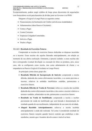 UNIVERSIDADE FEDERAL DE SANTA CATARINA                                                 32
DISCIPLINA: PROGRAMAÇÃO ECONÔMICA E FINANCEIRA                     EPS 5211
SEM 2004.2
Excepcionalmente, podem surgir créditos de longo prazo decorrentes de negociações
com fornecedores ou de parcelamentos de dívidas junto ao Governo e ao INSS.
       Integram o Exigível a Longo Prazo as seguintes contas:
      • Financiamentos de Instituições de Crédito (sob diversas modalidades).
      • Adiantamentos (idem Passivo Circulante).
      • Contas a Pagar.
      • Contas Correntes.
      • Empresas Coligadas/Controladas.
      • Imóveis a Pagar.
      • Títulos a Pagar.


11.1.2.3 - Resultado de Exercícios Futuros
       Compreende as receitas de exercícios futuros deduzidas as despesas incorridas
ou a incorrer. Essas receitas são aquelas faturadas antecipadamente, em relação ao
momento de sua efetiva realização. Entretanto, é preciso cuidado: a essas receitas não
deve corresponder eventual devolução ou execução de obras ou produtos, pois, nesse
caso, não se configuraria como receita, mas como adiantamento de cliente e se
enquadraria no Passivo Exigível (Circulante ou Longo Prazo).
       As principais contas desse grupo são:
       • Resultado Diferido de Incorporação de Imóveis: compreende a receita
          diferida, deduzida dos custos efetivamente incorridos, e os custos previstos a
          incorrer, relativos às unidades imobiliárias vendidas, pertencentes a
          exercícios futuros.
       • Resultado Diferido de Venda de Terrenos: refere-se a receita não recebida
          deduzida dos custos efetivamente incorridos e dos custos a incorrer relativos a
          terrenos vendidos, urbanizados ou não, pertencentes a exercícios futuros.
       • Resultado na Venda de Imobilizado: compreende a receita a receber
          proveniente da venda de imobilizado que será baixada à demonstração do
          resultado quando do seu recebimento, independente do seu ramo de atividade.
       • Aluguel     Recebido    Antecipadamente:      refere-se   a   receita   recebida
          antecipadamente e ainda não realizada. Tal conta é considerada resultado de
          exercícios futuros somente quando houver contrato que estabeleça o não-
          reembolso, mesmo que o locatário devolva antes o imóvel ou bem.
 