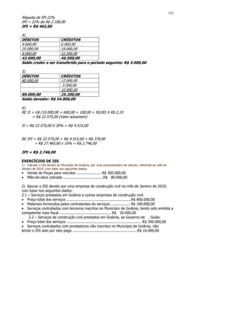 131
Alíquota de IPI 22%
IPI = 22% de R$ 2.100,00
IPI = R$ 462,00

4)
DÉBITOS               CRÉDITOS
9.600,00              6.000,00
25.000,00             18.000,00
8.000,00              22.500,00
42.600,00             46.500,00
Saldo credor a ser transferido para o período seguinte: R$ 3.900,00

5)
DÉBITOS             CRÉDITOS
80.000,00           12.000,00
                     3.200,00
                    10.000,00
80.000,00           25.200,00
Saldo devedor: R$ 54.800,00

6)
BC II = U$ (10.000,00 + 600,00 + 100,00 + 50,00) X R$ 2,10
      = R$ 22.575,00 (Valor aduaneiro)

II = R$ 22.575,00 X 20% = R$ 4.515,00


BC IPI = R$ 22.575,00 + R$ 4.515,00 + R$ 370,00
       = R$ 27.460,00 x 10% = R$ 2.746,00

IPI = R$ 2.746,00

EXERCÍCIOS DE ISS
1) Calcular o ISS devido ao Município de Goiânia, por uma concessionário de veículo, referente ao mês de
Janeiro de 2010, com base nos seguintes dados:
•   Venda de Peças para veículos ...................... R$ 300.000,00
•   Mão-de-obra cobrada ....................................R$ 80.000,00

2) Apurar o ISS devido por uma empresa de construção civil no mês de Janeiro de 2010,
com base nos seguintes dados:
2.1 – Serviços prestados em Goiânia a outras empresas de construção civil:
• Preço total dos serviços ..........................................................R$ 800.000,00
• Materiais fornecidos pelos contratantes do serviços ................. R$ 100.000,00
• Serviços contratados com terceiros inscritos no Município de Goiânia, tendo sido emitida a
competente nota fiscal .............................................. R$ 30.000,00
    2.2 – Serviços de construção civil prestados em Goiânia, ao Governo de                         Goiás:
• Preço total dos serviços ................................................................... R$ 200.000,00
• Serviços contratados com prestadores não inscritos no Município de Goiânia, não
tendo o ISS sido por eles pago ..........................................................R$ 10.000,00
 