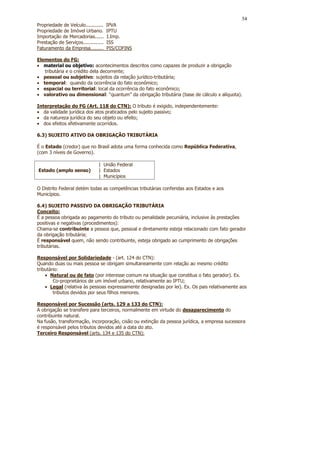 34
Propriedade de Veículo............    IPVA
Propriedade de Imóvel Urbano.         IPTU
Importação de Mercadorias......       I.Imp.
Prestação de Serviços..............   ISS
Faturamento da Empresa.........       PIS/COFINS

Elementos do FG:
• material ou objetivo: acontecimentos descritos como capazes de produzir a obrigação
   tributária e o crédito dela decorrente;
• pessoal ou subjetivo: sujeitos da relação jurídico-tributária;
• temporal: quando da ocorrência do fato econômico;
• espacial ou territorial: local da ocorrência do fato econômico;
• valorativo ou dimensional: “quantum” da obrigação tributária (base de cálculo x alíquota).

Interpretação do FG (Art. 118 do CTN): O tributo é exigido, independentemente:
• da validade jurídica dos atos praticados pelo sujeito passivo;
• da natureza jurídica do seu objeto ou efeito;
• dos efeitos efetivamente ocorridos.

6.3) SUJEITO ATIVO DA OBRIGAÇÃO TRIBUTÁRIA

É o Estado (credor) que no Brasil adota uma forma conhecida como República Federativa,
(com 3 níveis de Governo).

                                | União Federal
Estado (amplo senso)            | Estados
                                | Municípios

O Distrito Federal detém todas as competências tributárias conferidas aos Estados e aos
Municípios.

6.4) SUJEITO PASSIVO DA OBRIGAÇÃO TRIBUTÁRIA
Conceito:
É a pessoa obrigada ao pagamento do tributo ou penalidade pecuniária, inclusive às prestações
positivas e negativas (procedimentos):
Chama-se contribuinte a pessoa que, pessoal e diretamente esteja relacionado com fato gerador
da obrigação tributária;
É responsável quem, não sendo contribuinte, esteja obrigado ao cumprimento de obrigações
tributárias.

Responsável por Solidariedade - (art. 124 do CTN):
Quando duas ou mais pessoa se obrigam simultaneamente com relação ao mesmo crédito
tributário:
    • Natural ou de fato (por interesse comum na situação que constitua o fato gerador). Ex.
        Co-proprietários de um imóvel urbano, relativamente ao IPTU;
    • Legal (relativa às pessoas expressamente designadas por lei). Ex. Os pais relativamente aos
        tributos devidos por seus filhos menores.

Responsável por Sucessão (arts. 129 a 133 do CTN):
A obrigação se transfere para terceiros, normalmente em virtude do desaparecimento do
contribuinte natural.
Na fusão, transformação, incorporação, cisão ou extinção da pessoa jurídica, a empresa sucessora
é responsável pelos tributos devidos até a data do ato.
Terceiro Responsável (arts. 134 e 135 do CTN):
 