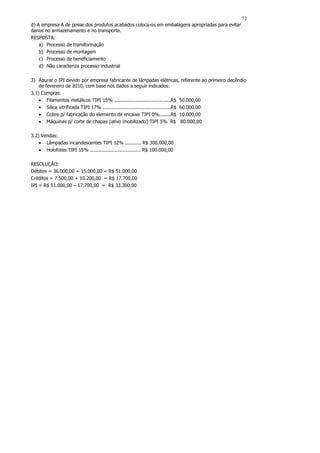 72
d) A empresa A de posse dos produtos acabados coloca-os em embalagens apropriadas para evitar
danos no armazenamento e no transporte.
RESPOSTA:
    a) Processo de transformação
    b) Processo de montagem
    c) Processo de beneficiamento
    d) Não caracteriza processo industrial

3) Apurar o IPI devido por empresa fabricante de lâmpadas elétricas, referente ao primeiro decêndio
    de fevereiro de 2010, com base nos dados a seguir indicados:
3.1) Compras:
    • Filamentos metálicos TIPI 15% .......................................R$ 50.000,00
    • Sílica vitrificada TIPI 17% ...............................................R$ 60.000,00
    • Cobre p/ fabricação do elemento de encaixe TIPI 0%........R$ 10.000,00
    • Máquinas p/ corte de chapas (ativo imobilizado) TIPI 5% R$ 80.000,00

3.2) Vendas:
    • Lâmpadas incandescentes TIPI 12% ........... R$ 300.000,00
    • Holofotes TIPI 15% ................................... R$ 100.000,00

RESOLUÇÃO:
Débitos = 36.000,00 + 15.000,00 = R$ 51.000,00
Créditos = 7.500,00 + 10.200,00 = R$ 17.700,00
IPI = R$ 51.000,00 – 17.700,00 = R$ 33.300,00
 