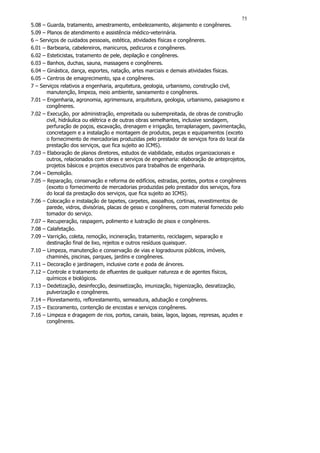 75
5.08 – Guarda, tratamento, amestramento, embelezamento, alojamento e congêneres.
5.09 – Planos de atendimento e assistência médico-veterinária.
6 – Serviços de cuidados pessoais, estética, atividades físicas e congêneres.
6.01 – Barbearia, cabelereiros, manicuros, pedicuros e congêneres.
6.02 – Esteticistas, tratamento de pele, depilação e congêneres.
6.03 – Banhos, duchas, sauna, massagens e congêneres.
6.04 – Ginástica, dança, esportes, natação, artes marciais e demais atividades físicas.
6.05 – Centros de emagrecimento, spa e congêneres.
7 – Serviços relativos a engenharia, arquitetura, geologia, urbanismo, construção civil,
       manutenção, limpeza, meio ambiente, saneamento e congêneres.
7.01 – Engenharia, agronomia, agrimensura, arquitetura, geologia, urbanismo, paisagismo e
       congêneres.
7.02 – Execução, por administração, empreitada ou subempreitada, de obras de construção
       civil, hidráulica ou elétrica e de outras obras semelhantes, inclusive sondagem,
       perfuração de poços, escavação, drenagem e irrigação, terraplanagem, pavimentação,
       concretagem e a instalação e montagem de produtos, peças e equipamentos (exceto
       o fornecimento de mercadorias produzidas pelo prestador de serviços fora do local da
       prestação dos serviços, que fica sujeito ao ICMS).
7.03 – Elaboração de planos diretores, estudos de viabilidade, estudos organizacionais e
       outros, relacionados com obras e serviços de engenharia: elaboração de anteprojetos,
       projetos básicos e projetos executivos para trabalhos de engenharia.
7.04 – Demolição.
7.05 – Reparação, conservação e reforma de edifícios, estradas, pontes, portos e congêneres
       (exceto o fornecimento de mercadorias produzidas pelo prestador dos serviços, fora
       do local da prestação dos serviços, que fica sujeito ao ICMS).
7.06 – Colocação e instalação de tapetes, carpetes, assoalhos, cortinas, revestimentos de
       parede, vidros, divisórias, placas de gesso e congêneres, com material fornecido pelo
       tomador do serviço.
7.07 – Recuperação, raspagem, polimento e lustração de pisos e congêneres.
7.08 – Calafetação.
7.09 – Varrição, coleta, remoção, incineração, tratamento, reciclagem, separação e
       destinação final de lixo, rejeitos e outros resíduos quaisquer.
7.10 – Limpeza, manutenção e conservação de vias e logradouros públicos, imóveis,
       chaminés, piscinas, parques, jardins e congêneres.
7.11 – Decoração e jardinagem, inclusive corte e poda de árvores.
7.12 – Controle e tratamento de efluentes de qualquer natureza e de agentes físicos,
       químicos e biológicos.
7.13 – Dedetização, desinfecção, desinsetização, imunização, higienização, desratização,
       pulverização e congêneres.
7.14 – Florestamento, reflorestamento, semeadura, adubação e congêneres.
7.15 – Escoramento, contenção de encostas e serviços congêneres.
7.16 – Limpeza e dragagem de rios, portos, canais, baias, lagos, lagoas, represas, açudes e
       congêneres.
 