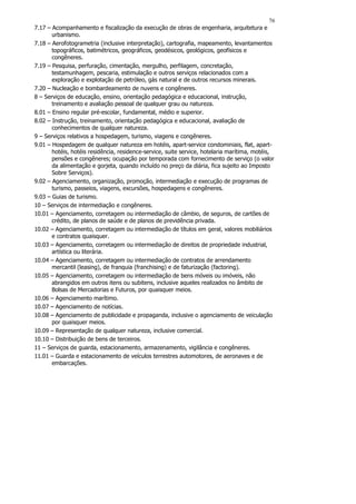 76
7.17 – Acompanhamento e fiscalização da execução de obras de engenharia, arquitetura e
       urbanismo.
7.18 – Aerofotogrametria (inclusive interpretação), cartografia, mapeamento, levantamentos
       topográficos, batimétricos, geográficos, geodésicos, geológicos, geofísicos e
       congêneres.
7.19 – Pesquisa, perfuração, cimentação, mergulho, perfilagem, concretação,
       testamunhagem, pescaria, estimulação e outros serviços relacionados com a
       exploração e explotação de petróleo, gás natural e de outros recursos minerais.
7.20 – Nucleação e bombardeamento de nuvens e congêneres.
8 – Serviços de educação, ensino, orientação pedagógica e educacional, instrução,
       treinamento e avaliação pessoal de qualquer grau ou natureza.
8.01 – Ensino regular pré-escolar, fundamental, médio e superior.
8.02 – Instrução, treinamento, orientação pedagógica e educacional, avaliação de
       conhecimentos de qualquer natureza.
9 – Serviços relativos a hospedagem, turismo, viagens e congêneres.
9.01 – Hospedagem de qualquer natureza em hotéis, apart-service condominiais, flat, apart-
       hotéis, hotéis residência, residence-service, suite service, hotelaria marítima, motéis,
       pensões e congêneres; ocupação por temporada com fornecimento de serviço (o valor
       da alimentação e gorjeta, quando incluído no preço da diária, fica sujeito ao Imposto
       Sobre Serviços).
9.02 – Agenciamento, organização, promoção, intermediação e execução de programas de
       turismo, passeios, viagens, excursões, hospedagens e congêneres.
9.03 – Guias de turismo.
10 – Serviços de intermediação e congêneres.
10.01 – Agenciamento, corretagem ou intermediação de câmbio, de seguros, de cartões de
       crédito, de planos de saúde e de planos de previdência privada.
10.02 – Agenciamento, corretagem ou intermediação de títulos em geral, valores mobiliários
       e contratos quaisquer.
10.03 – Agenciamento, corretagem ou intermediação de direitos de propriedade industrial,
       artística ou literária.
10.04 – Agenciamento, corretagem ou intermediação de contratos de arrendamento
       mercantil (leasing), de franquia (franchising) e de faturização (factoring).
10.05 – Agenciamento, corretagem ou intermediação de bens móveis ou imóveis, não
       abrangidos em outros itens ou subitens, inclusive aqueles realizados no âmbito de
       Bolsas de Mercadorias e Futuros, por quaisquer meios.
10.06 – Agenciamento marítimo.
10.07 – Agenciamento de notícias.
10.08 – Agenciamento de publicidade e propaganda, inclusive o agenciamento de veiculação
       por quaisquer meios.
10.09 – Representação de qualquer natureza, inclusive comercial.
10.10 – Distribuição de bens de terceiros.
11 – Serviços de guarda, estacionamento, armazenamento, vigilância e congêneres.
11.01 – Guarda e estacionamento de veículos terrestres automotores, de aeronaves e de
       embarcações.
 