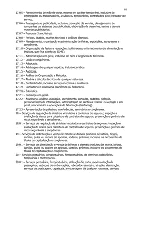 80
17.05 – Fornecimento de mão-de-obra, mesmo em caráter temporário, inclusive de
      empregados ou trabalhadores, avulsos ou temporários, contratados pelo prestador de
      serviço.
17.06 – Propaganda e publicidade, inclusive promoção de vendas, planejamento de
      campanhas ou sistemas de publicidade, elaboração de desenhos, textos e demais
      materiais publicitários.
17.07 – Franquia (franchising).
17.08 – Perícias, laudos, exames técnicos e análises técnicas.
17.09 – Planejamento, organização e administração de feiras, exposições, congressos e
      congêneres.
17.10 – Organização de festas e recepções; bufê (exceto o fornecimento de alimentação e
      bebidas, que fica sujeito ao ICMS).
17.11 – Administração em geral, inclusive de bens e negócios de terceiros.
17.12 – Leilão e congêneres.
17.13 – Advocacia.
17.14 – Arbitragem de qualquer espécie, inclusive jurídica.
17.15 – Auditoria.
17.16 – Análise de Organização e Métodos.
17.17 – Atuária e cálculos técnicos de qualquer natureza.
17.18 – Contabilidade, inclusive serviços técnicos e auxiliares.
17.19 – Consultoria e assessoria econômica ou financeira.
17.20 – Estatística.
17.21 – Cobrança em geral.
17.22 – Assessoria, análise, avaliação, atendimento, consulta, cadastro, seleção,
      gerenciamento de informações, administração de contas a receber ou a pagar e em
      geral, relacionados a operações de faturização (factoring).
17.23 – Apresentação de palestras, conferências, seminários e congêneres.
18 – Serviços de regulação de sinistros vinculados a contratos de seguros; inspeção e
      avaliação de riscos para cobertura de contratos de seguros; prevenção e gerência de
      riscos seguráveis e congêneres.
18.01 – Serviços de regulação de sinistros vinculados a contratos de seguros; inspeção e
      avaliação de riscos para cobertura de contratos de seguros; prevenção e gerência de
      riscos seguráveis e congêneres.
19 – Serviços de distribuição e venda de bilhetes e demais produtos de loteria, bingos,
      cartões, pules ou cupons de apostas, sorteios, prêmios, inclusive os decorrentes de
      títulos de capitalização e congêneres.
19.01 – Serviços de distribuição e venda de bilhetes e demais produtos de loteria, bingos,
      cartões, pules ou cupons de apostas, sorteios, prêmios, inclusive os decorrentes de
      títulos de capitalização e congêneres.
20 – Serviços portuários, aeroportuários, ferroportuários, de terminais rodoviários,
      ferroviários e metroviários.
20.01 – Serviços portuários, ferroportuários, utilização de porto, movimentação de
      passageiros, reboque de embarcações, rebocador escoteiro, atração, desatração,
      serviços de praticagem, capatazia, armazenagem de qualquer natureza, serviços
 