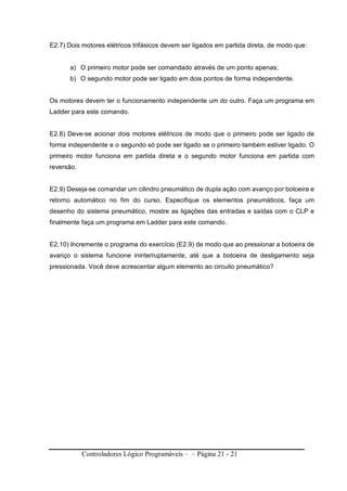Controladores Lógico Programáveis – – Página 21 - 21
E2.7) Dois motores elétricos trifásicos devem ser ligados em partida direta, de modo que:
a) O primeiro motor pode ser comandado através de um ponto apenas;
b) O segundo motor pode ser ligado em dois pontos de forma independente.
Os motores devem ter o funcionamento independente um do outro. Faça um programa em
Ladder para este comando.
E2.8) Deve-se acionar dois motores elétricos de modo que o primeiro pode ser ligado de
forma independente e o segundo só pode ser ligado se o primeiro também estiver ligado. O
primeiro motor funciona em partida direta e o segundo motor funciona em partida com
reversão.
E2.9) Deseja-se comandar um cilindro pneumático de dupla ação com avanço por botoeira e
retorno automático no fim do curso. Especifique os elementos pneumáticos, faça um
desenho do sistema pneumático, mostre as ligações das entradas e saídas com o CLP e
finalmente faça um programa em Ladder para este comando.
E2.10) Incremente o programa do exercício (E2.9) de modo que ao pressionar a botoeira de
avanço o sistema funcione ininterruptamente, até que a botoeira de desligamento seja
pressionada. Você deve acrescentar algum elemento ao circuito pneumático?
 