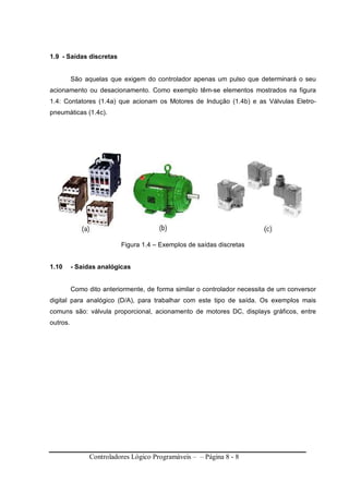 Controladores Lógico Programáveis – – Página 8 - 8
1.9 - Saídas discretas
São aquelas que exigem do controlador apenas um pulso que determinará o seu
acionamento ou desacionamento. Como exemplo têm-se elementos mostrados na figura
1.4: Contatores (1.4a) que acionam os Motores de Indução (1.4b) e as Válvulas Eletro-
pneumáticas (1.4c).
Figura 1.4 – Exemplos de saídas discretas
1.10 - Saídas analógicas
Como dito anteriormente, de forma similar o controlador necessita de um conversor
digital para analógico (D/A), para trabalhar com este tipo de saída. Os exemplos mais
comuns são: válvula proporcional, acionamento de motores DC, displays gráficos, entre
outros.
 