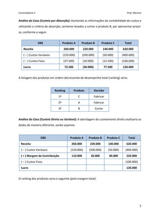 Controladoria II                                                                                Prof. Moreira 


Análise do Caso (Custeio por Absorção): Aceitando as informações da contabilidade de custos e 
utilizando o critério de absorção, seríamos levados a cortar o produto B, por apresentar prejuí‐
zo, conforme a seguir: 
 
                    DRE                 Produto A         Produto B        Produto C           Total 
      Receita                            260.000          220.000           140.000          620.000 
      ( − ) Custos Variáveis            (150.000)         (200.000)         (50.000)         (400.000) 
      ( − ) Custos Fixos                (37.500)          (50.000)          (12.500)         (100.000) 
      Lucro                              72.500           (30.000)          77.500           120.000 
 
A listagem dos produtos em ordem decrescente de desempenho total (ranking) seria: 
 

                                Ranking         Produto            Decisão 
                                  1º                 C             Fabricar 
                                  2º                 A             Fabricar 
                                  3º                 B                Cortar 
 
Análise do Caso (Custeio Direto ou Variável): A abordagem do custeamento direto analisaria os 
dados de maneira diferente, senão vejamos: 
 

                     DRE                     Produto A         Produto B        Produto C        Total 
    Receita                                   260.000           220.000         140.000         620.000 
    ( − ) Custos Variáveis                    (150.000)        (200.000)        (50.000)       (400.000) 
    ( = ) Margem de Contribuição              110.000           20.000           90.000         220.000 
    ( − ) Custos Fixos                                                                         (100.000) 
    Lucro                                                                                       120.000 
 
O ranking dos produtos seria o seguinte (pela margem total): 




                                                                                                            7
 