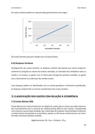 Controladoria II  Prof. Moreira 
10
Os custos variáveis podem ser representados graficamente como segue: 
 
 
 
Os Custos Variáveis possuem relação com os Custos Diretos. 
 
6.4) Despesas Variáveis  
 
Analogamente aos custos variáveis, as despesas variáveis são aquelas que variam proporcio‐
nalmente às variações no volume de receitas. Exemplos: as comissões dos vendedores sobre as 
vendas e os serviços, os gastos com os fretes para entrega dos produtos vendidos, os gastos 
com o faturamento e as cobranças das vendas a prazo. 
 
Essas despesas podem ser identificadas com as receitas geradoras e facilmente quantificadas. 
As despesas variáveis têm as mesmas características dos custos variáveis. 
 
7) CLASSIFICAÇÃO DOS GASTOS COM RELAÇÃO À OCORRÊNCIA 
7.1) Custos Básicos (CB) 
 
Custos Básicos (ou custo primário) de um objeto de custeio são os custos que estão relaciona‐
dos exclusivamente com o consumo de matérias‐primas (MP) ou dos insumos. Considerando 
uma empresa cuja principal atividade seja a fabricação de produtos industrializados (indústria), 
a matéria‐prima corresponde ao custo básico, porque se não houver matéria‐prima a ser trans‐
formada, não haverá produto acabado.  
 
Algebricamente, CB = EIMP + Compras – EFMP 
 
 