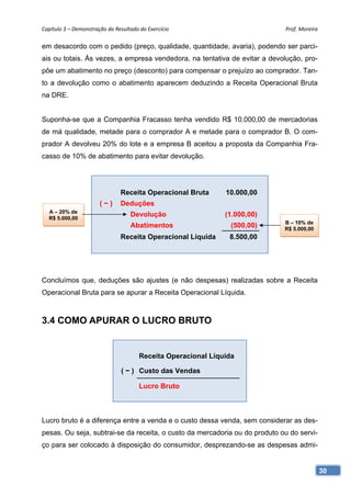Capítulo 3 – Demonstração do Resultado do Exercício                         Prof. Moreira 

em desacordo com o pedido (preço, qualidade, quantidade, avaria), podendo ser parci-
ais ou totais. Às vezes, a empresa vendedora, na tentativa de evitar a devolução, pro-
põe um abatimento no preço (desconto) para compensar o prejuízo ao comprador. Tan-
to a devolução como o abatimento aparecem deduzindo a Receita Operacional Bruta
na DRE.


Suponha-se que a Companhia Fracasso tenha vendido R$ 10.000,00 de mercadorias
de má qualidade, metade para o comprador A e metade para o comprador B. O com-
prador A devolveu 20% do lote e a empresa B aceitou a proposta da Companhia Fra-
casso de 10% de abatimento para evitar devolução.




                               Receita Operacional Bruta       10.000,00
                       (−)     Deduções
  A – 20% de
  R$ 5.000,00
                                   Devolução                   (1.000,00)
                                                                            B – 10% de
                                   Abatimentos                   (500,00)   R$ 5.000,00
                               Receita Operacional Líquida      8.500,00




Concluímos que, deduções são ajustes (e não despesas) realizadas sobre a Receita
Operacional Bruta para se apurar a Receita Operacional Líquida.



3.4 COMO APURAR O LUCRO BRUTO


                                       Receita Operacional Líquida

                                ( − ) Custo das Vendas

                                       Lucro Bruto



Lucro bruto é a diferença entre a venda e o custo dessa venda, sem considerar as des-
pesas. Ou seja, subtrai-se da receita, o custo da mercadoria ou do produto ou do servi-
ço para ser colocado à disposição do consumidor, desprezando-se as despesas admi-


                                                                                          30
 