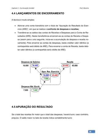 Capítulo 5 – Escrituração Contábil                                             Prof. Moreira 


4.4 LANÇAMENTOS DE ENCERRAMENTO

A técnica é muito simples:

        Abre-se uma conta transitória com o título de “Apuração do Resultado do Exer-
         cício (ARE)”, em que se realiza o confronto de despesas e receitas;
        Transfere-se os saldos das contas de Receitas e Despesas para a Conta de Re-
         sultados (ARE). Nesta transferência encerram-se as contas de Receita e Despe-
         sa (assim para o ano seguinte, inicia-se a acumulação de despesa e receita no-
         vamente). Para encerrar as contas de despesas, basta creditar valor idêntico (a
         contrapartida será débito de ARE). Para encerrar a conta de Receita, basta debi-
         tar valor idêntico (a contrapartida será crédito de ARE).




4.5 APURAÇÃO DO RESULTADO

Se o total das receitas for maior que o total das despesas, haverá lucro; caso contrário,
prejuízo. O saldo maior no lado da receita indica contabilmente lucro:




                                                                                            38
 