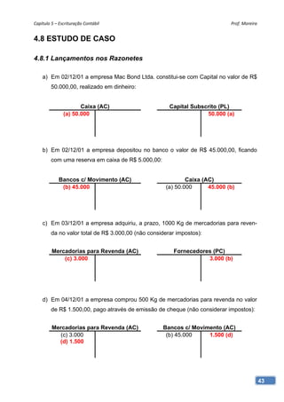 Capítulo 5 – Escrituração Contábil                                           Prof. Moreira 


4.8 ESTUDO DE CASO

4.8.1 Lançamentos nos Razonetes

    a) Em 02/12/01 a empresa Mac Bond Ltda. constitui-se com Capital no valor de R$
         50.000,00, realizado em dinheiro:


                      Caixa (AC)                       Capital Subscrito (PL)
               (a) 50.000                                           50.000 (a)




    b) Em 02/12/01 a empresa depositou no banco o valor de R$ 45.000,00, ficando
         com uma reserva em caixa de R$ 5.000,00:


             Bancos c/ Movimento (AC)                        Caixa (AC)
              (b) 45.000                             (a) 50.000      45.000 (b)




    c) Em 03/12/01 a empresa adquiriu, a prazo, 1000 Kg de mercadorias para reven-
         da no valor total de R$ 3.000,00 (não considerar impostos):


         Mercadorias para Revenda (AC)                  Fornecedores (PC)
             (c) 3.000                                             3.000 (b)




    d) Em 04/12/01 a empresa comprou 500 Kg de mercadorias para revenda no valor
         de R$ 1.500,00, pago através de emissão de cheque (não considerar impostos):


         Mercadorias para Revenda (AC)              Bancos c/ Movimento (AC)
            (c) 3.000                                (b) 45.000    1.500 (d)
           (d) 1.500




                                                                                          43
 